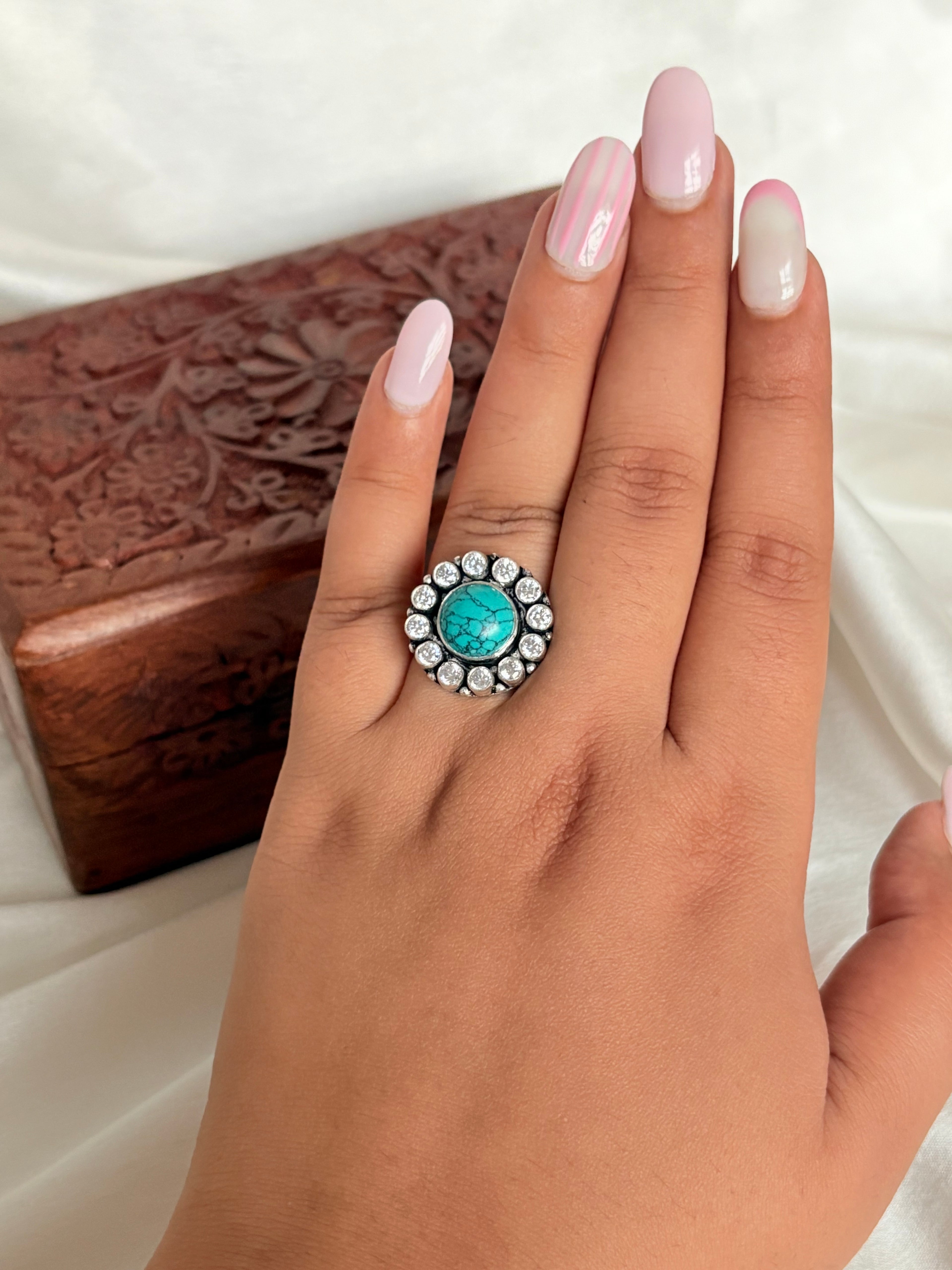 Turquoise Boho Floral Silver Adjustable Ring