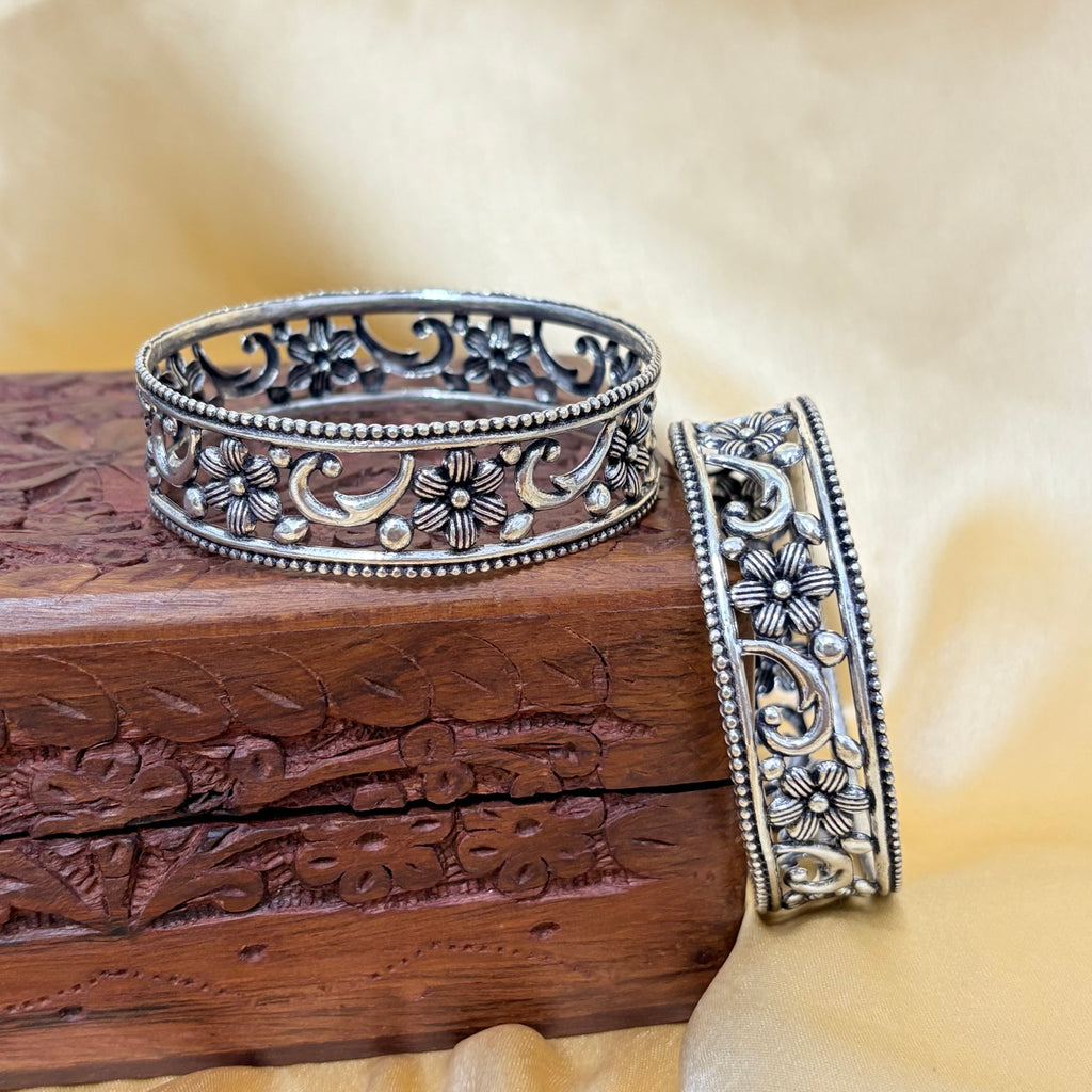 Lotus Grace Oxidized Silver Bangle