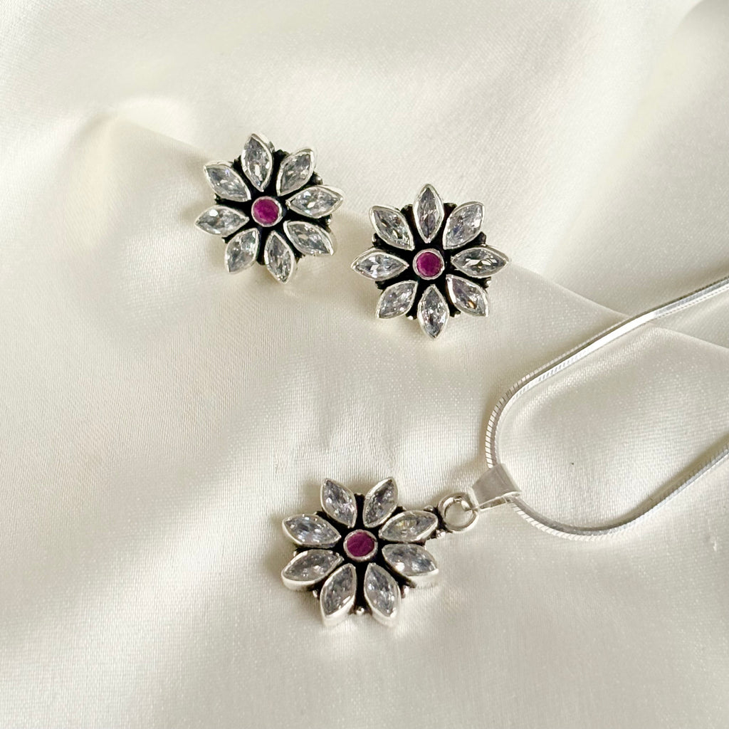 Handcrafted Oxidized Silver Ruby Floral Jewelry Set