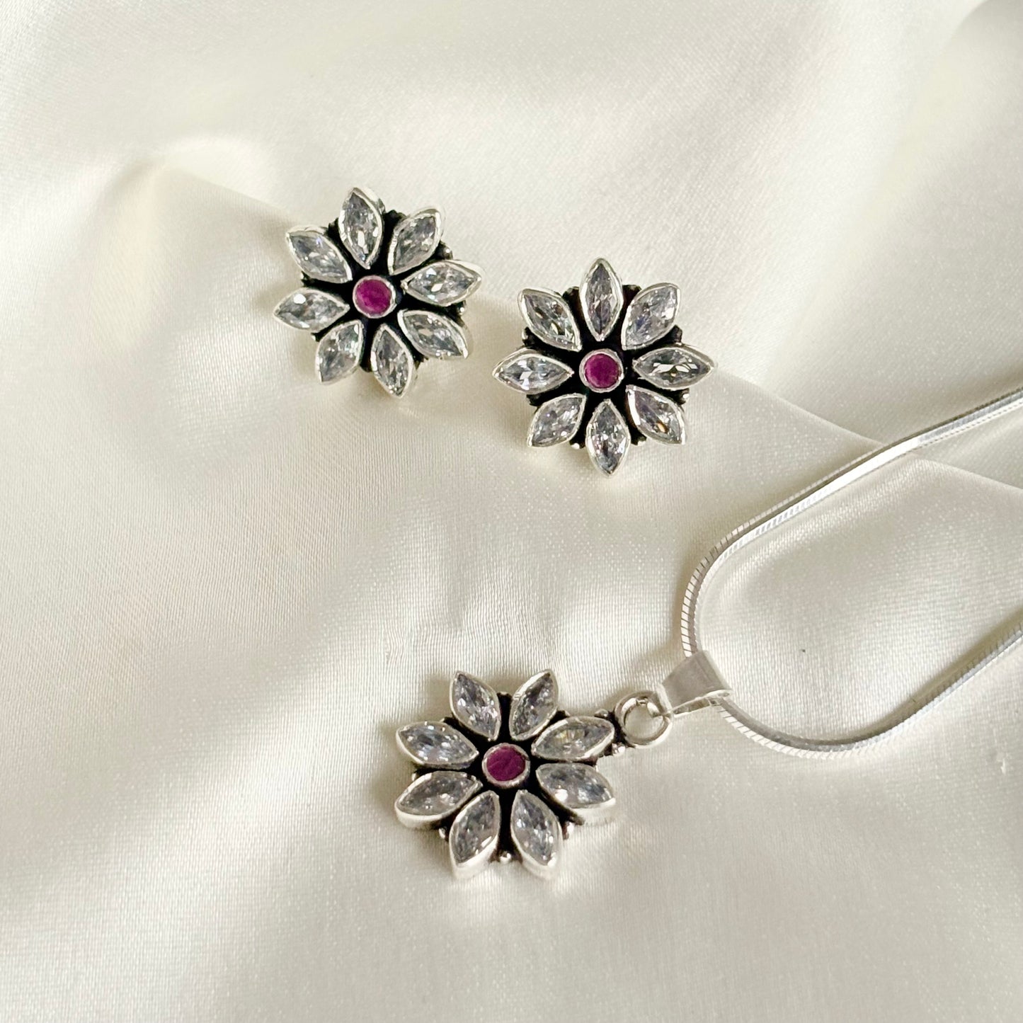 Handcrafted Oxidized Silver Ruby Floral Jewelry Set