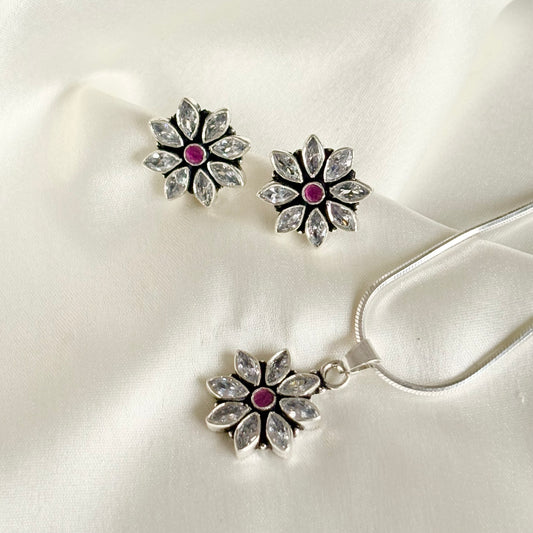 Handcrafted Oxidized Silver Ruby Floral Jewelry Set