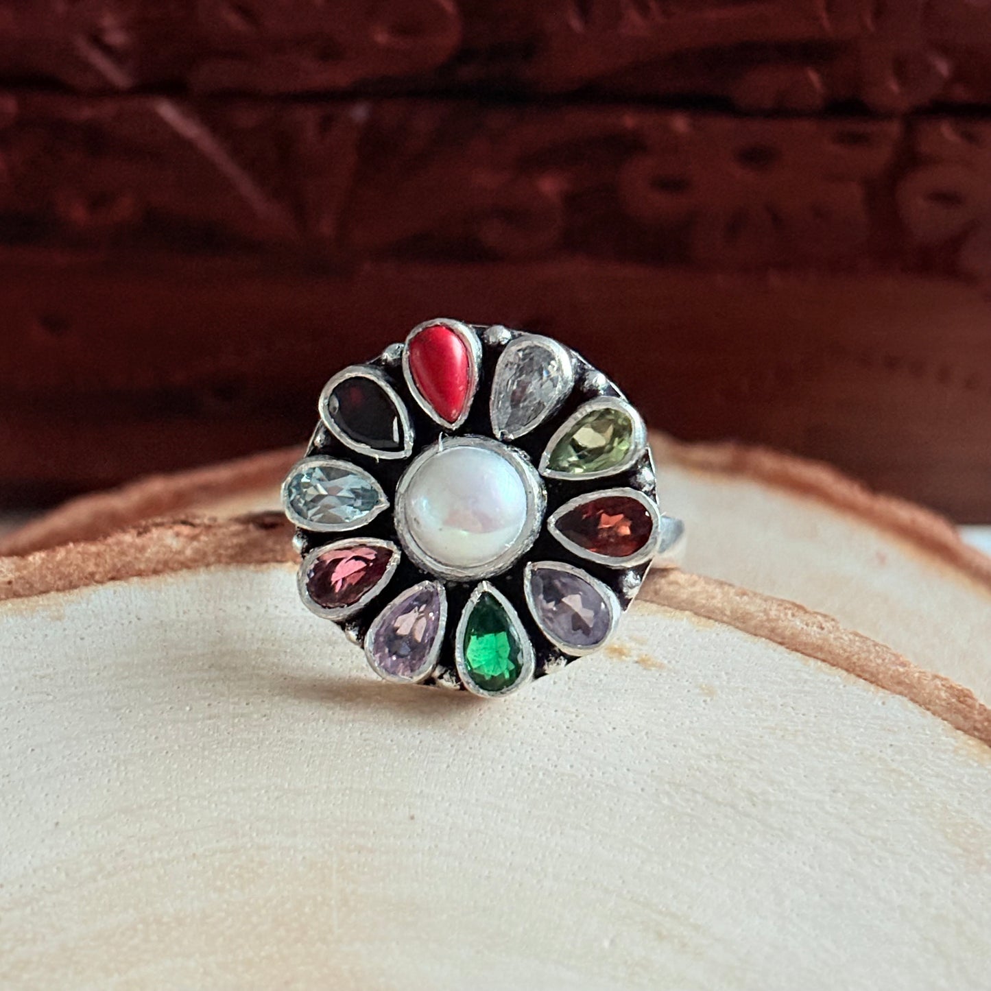 Pure Silver Pearl Navratan Ring