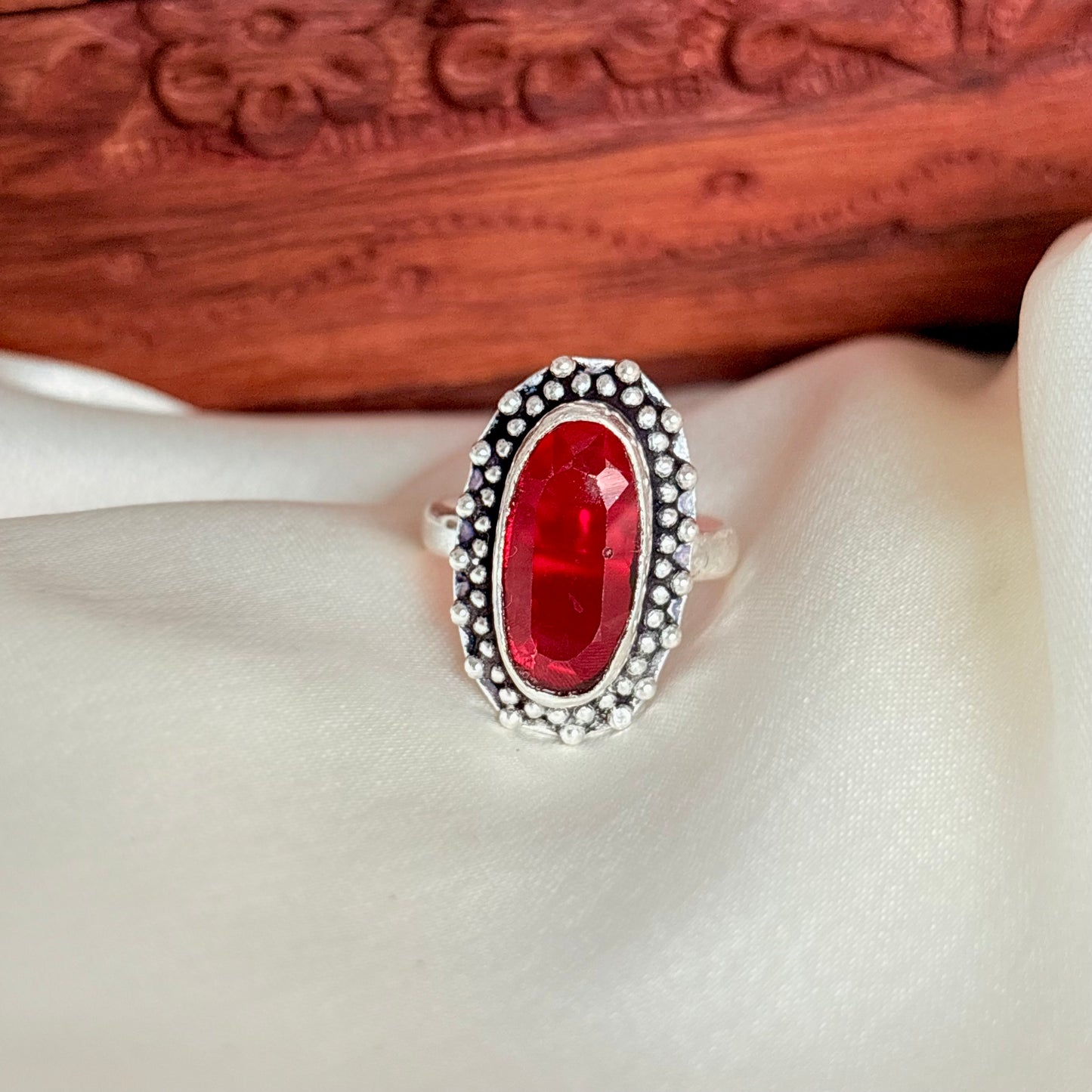 Vintage Ruby Red Gemstone Silver Ring