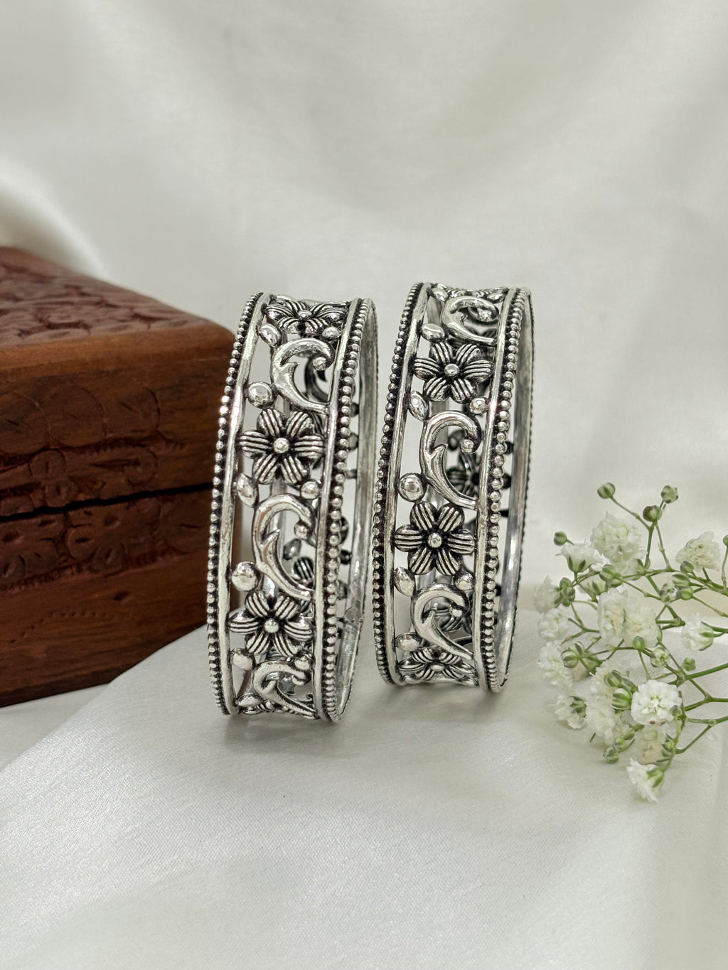 Lotus Grace Oxidized Silver Bangle