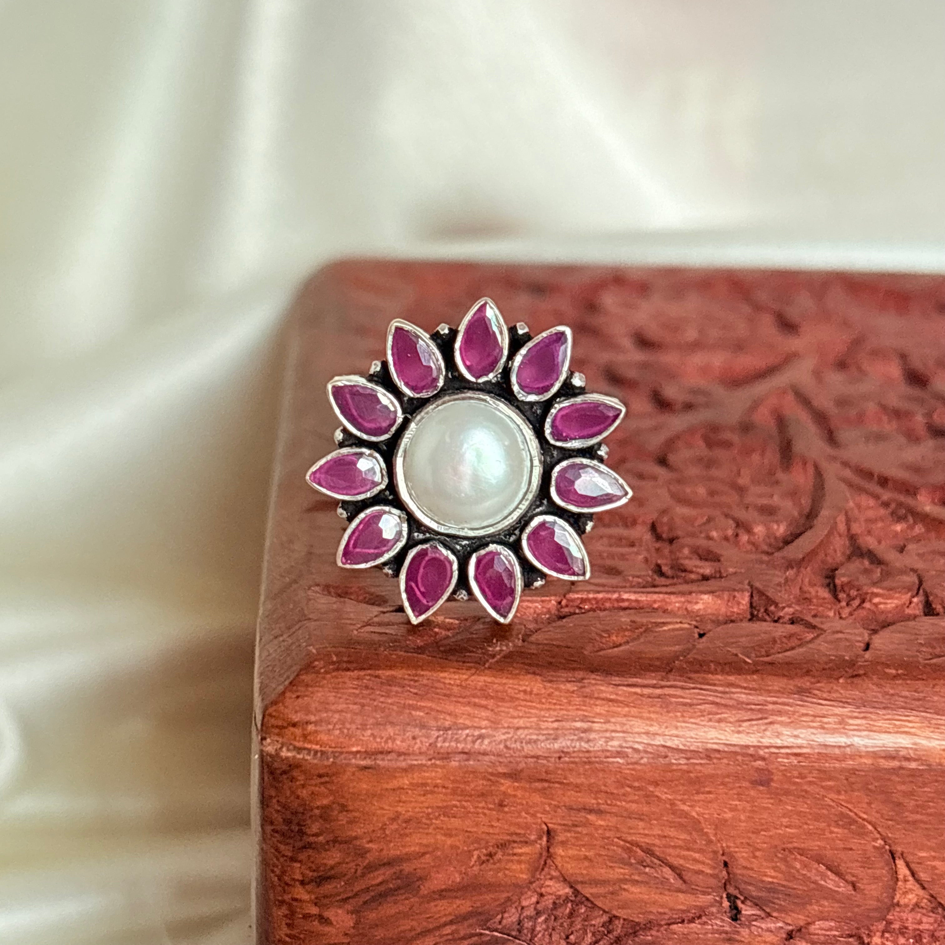 Pearl Ruby Blossom Silver Statement Ring