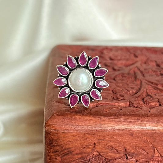 Pearl Ruby Blossom Silver Statement Ring