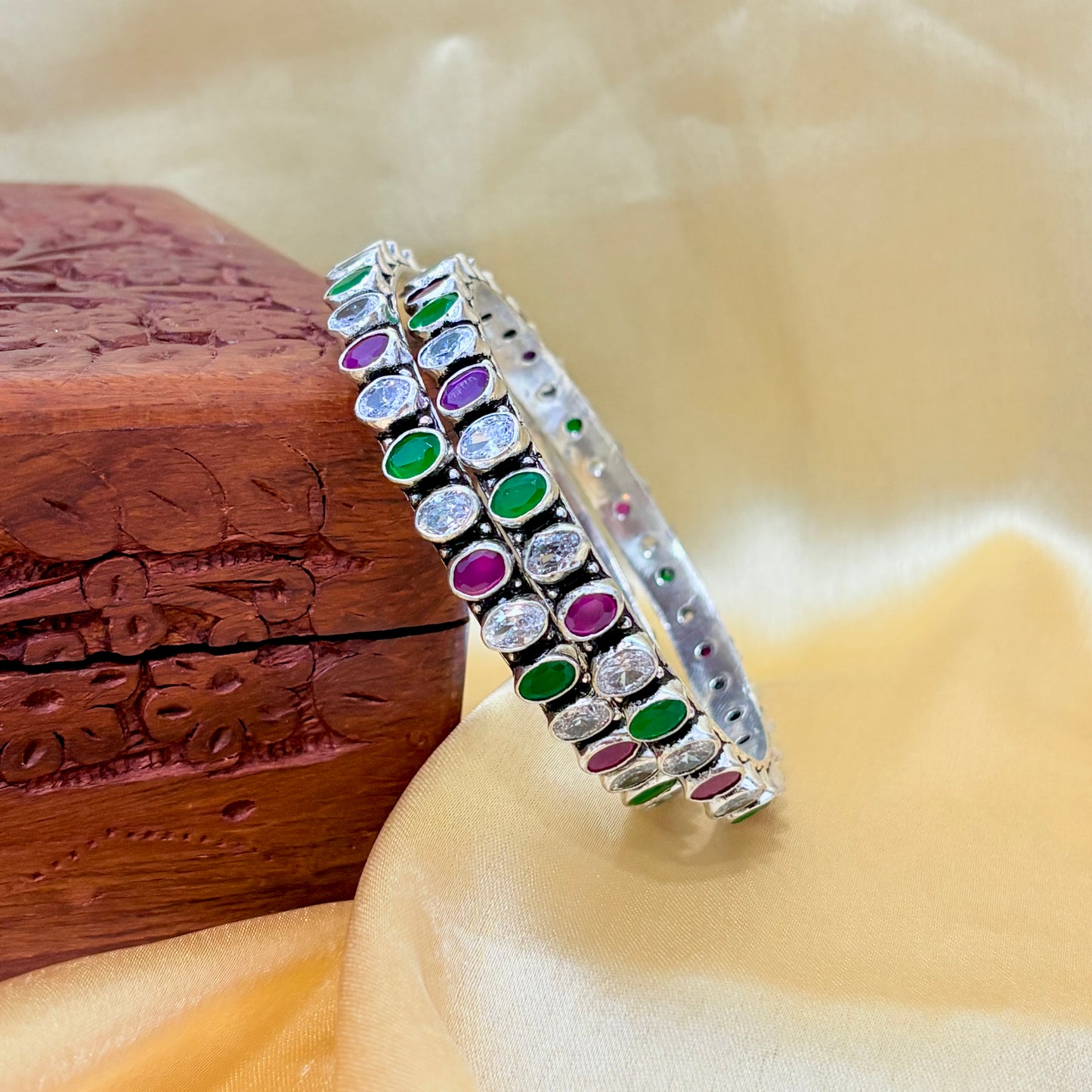 Multicolor Oval Shape Stone Silver Bangle