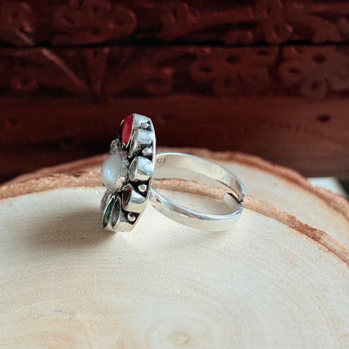 Pure Silver Pearl Navratan Ring