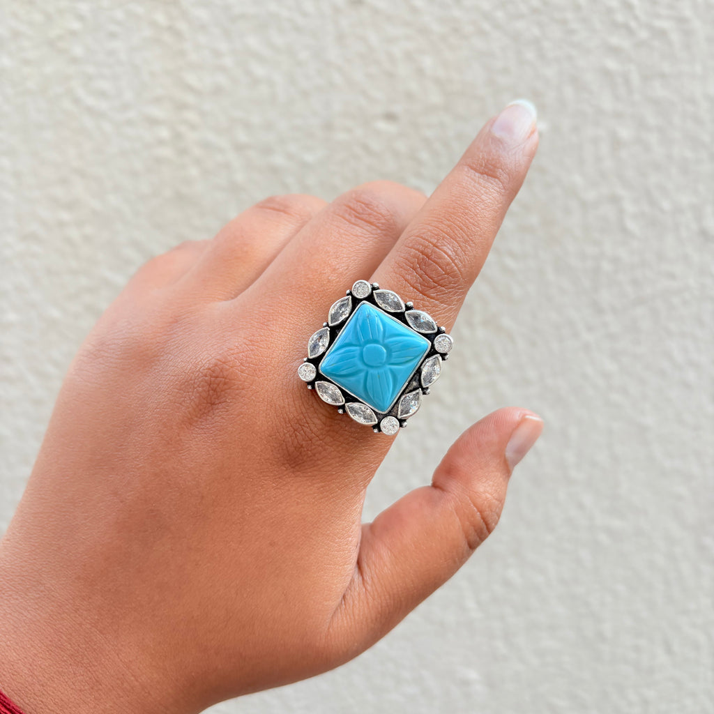 Square Turquoise Carved Stone Silver Ring