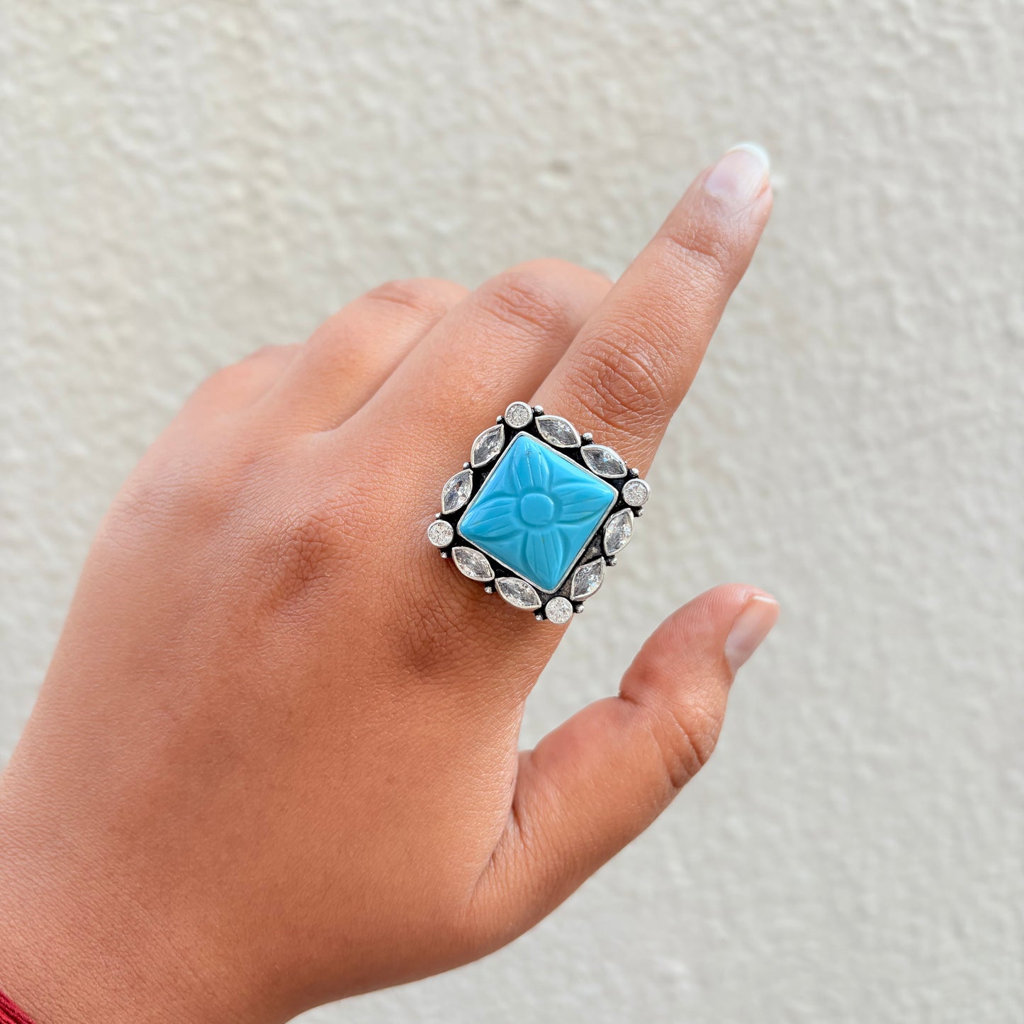 Square Turquoise Carved Stone Silver Ring