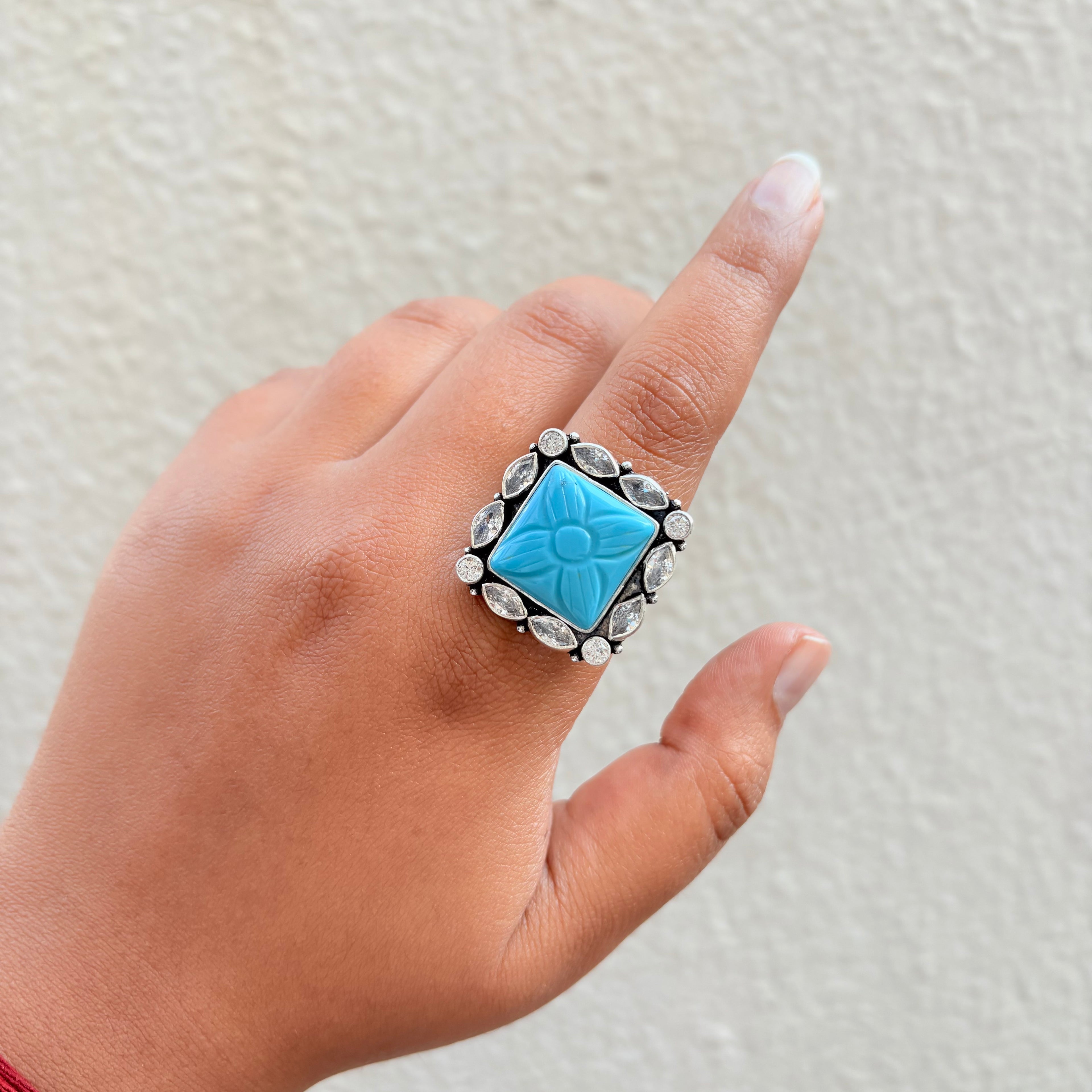 Square Turquoise Carved Stone Silver Ring