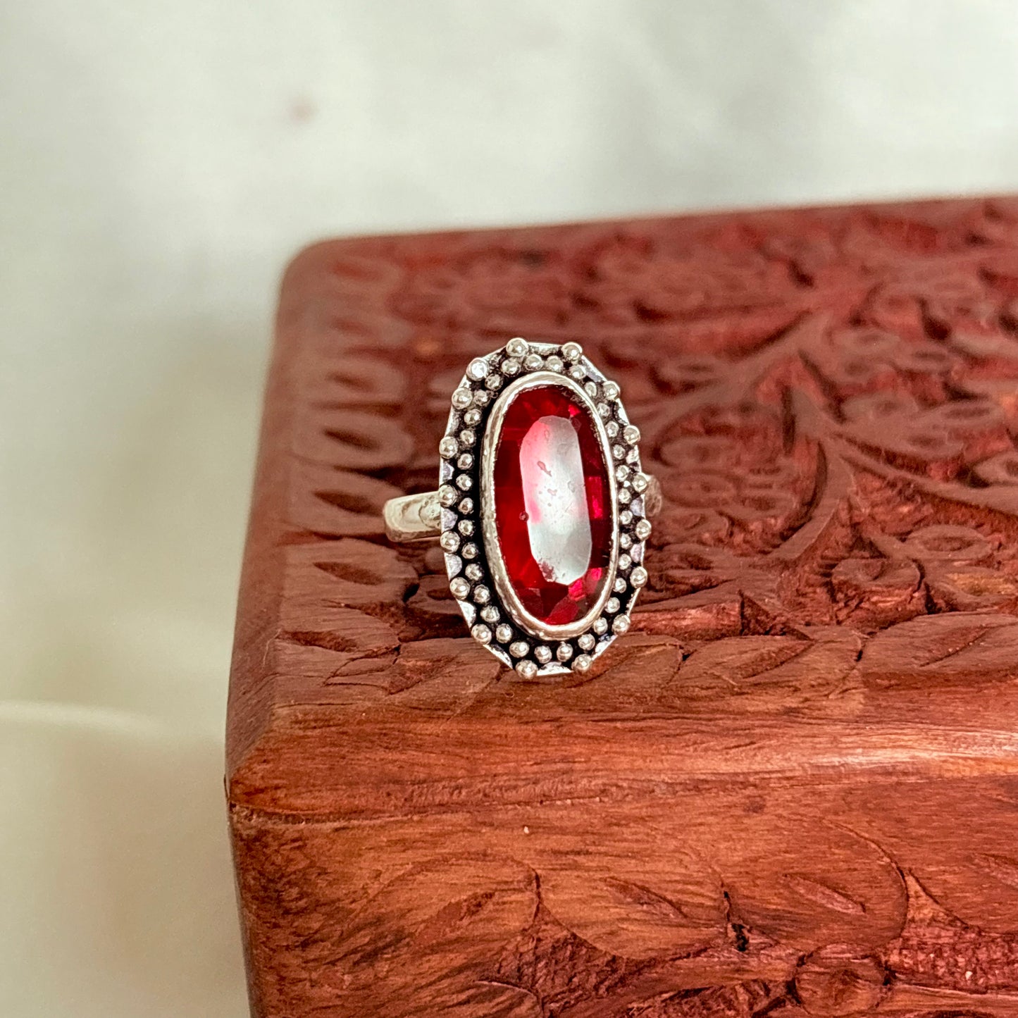 Vintage Ruby Red Gemstone Silver Ring