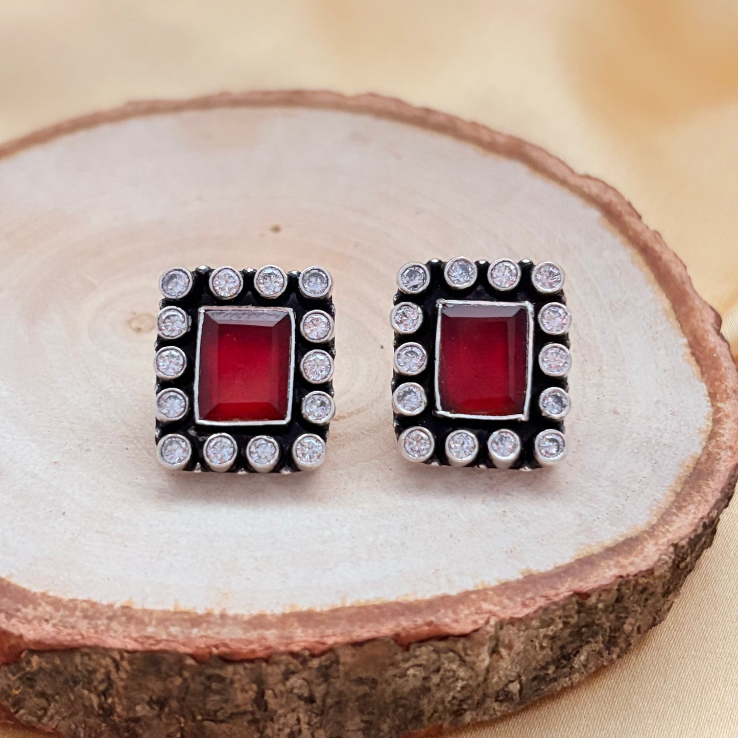 Crimson Halo Rectangular Silver Stud Earrings