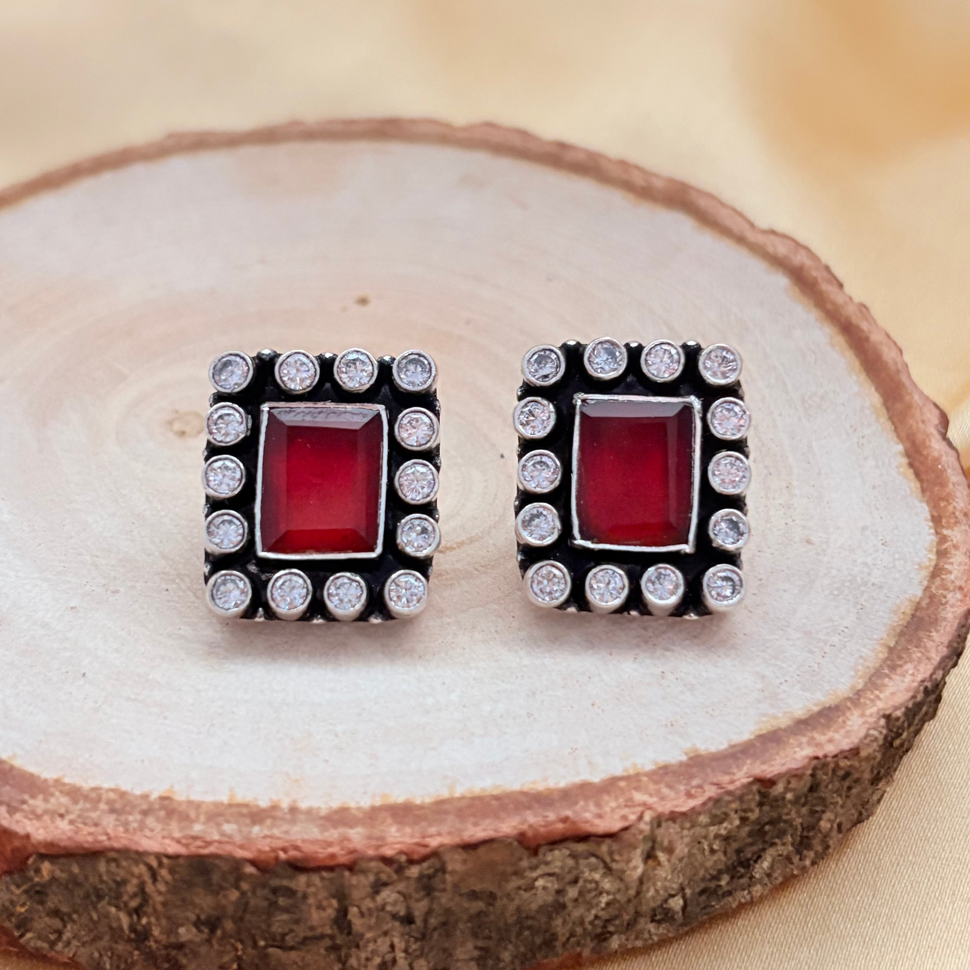 Crimson Halo Rectangular Silver Stud Earrings
