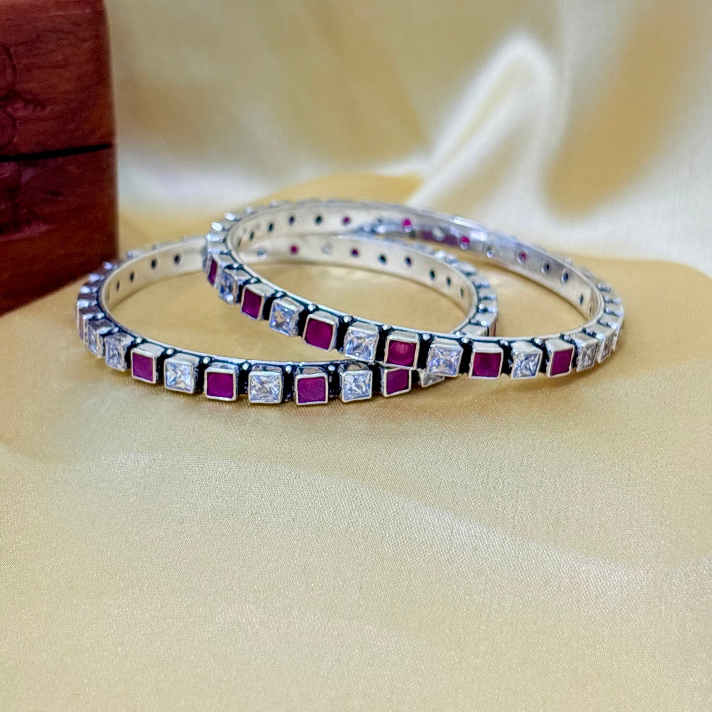 Ruby Square Shape Silver Bangle