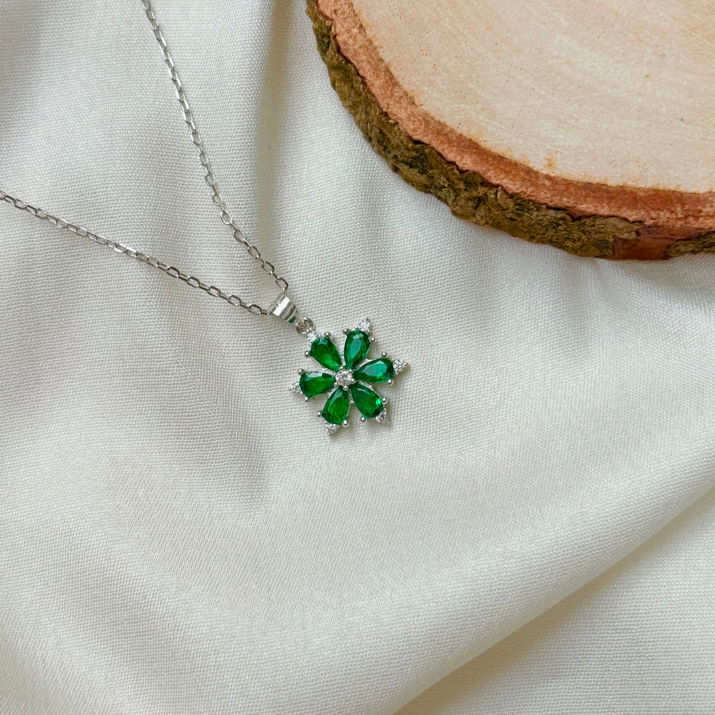 Emerald Bloom Flower Silver Pendant Necklace