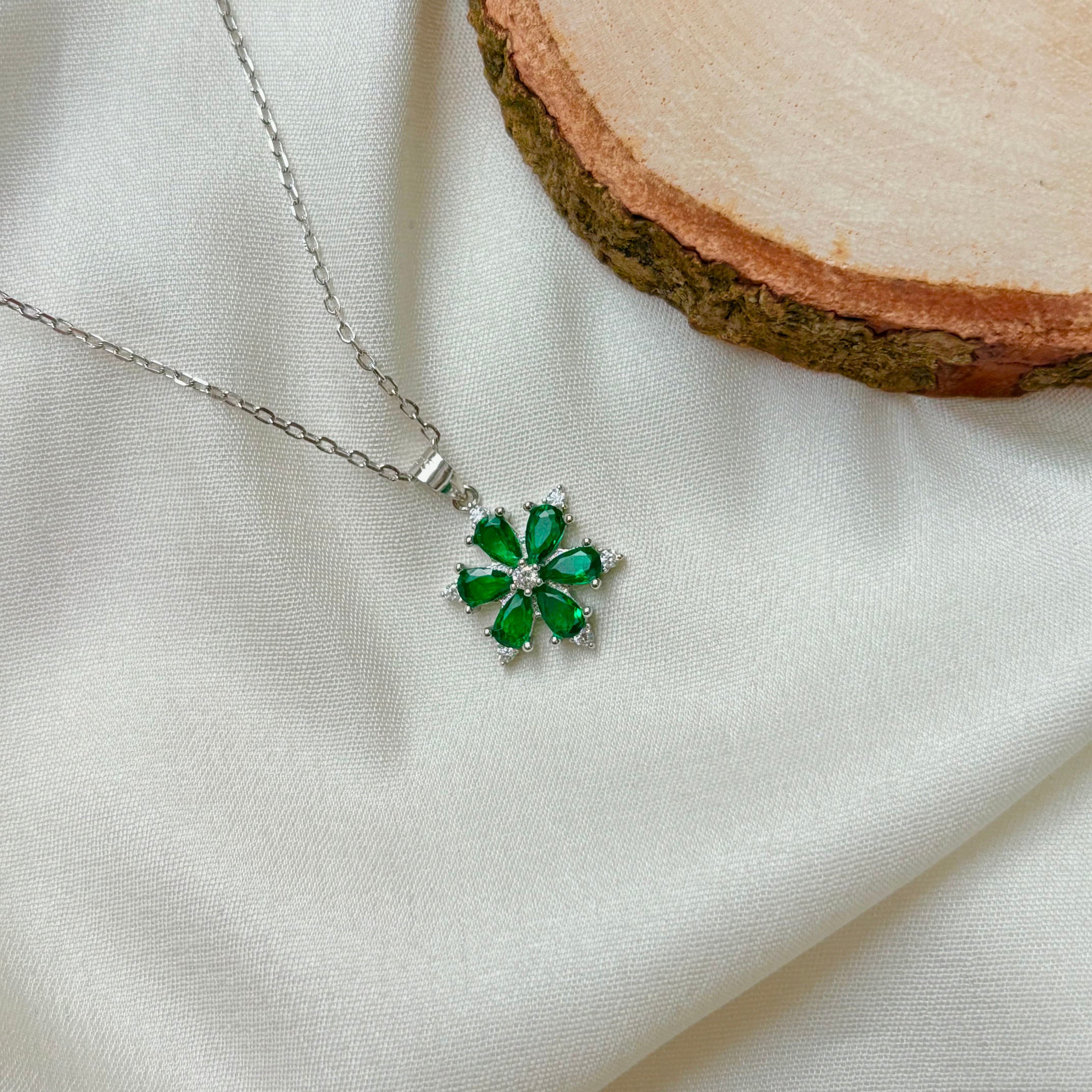 Emerald Bloom Flower Silver Pendant Necklace