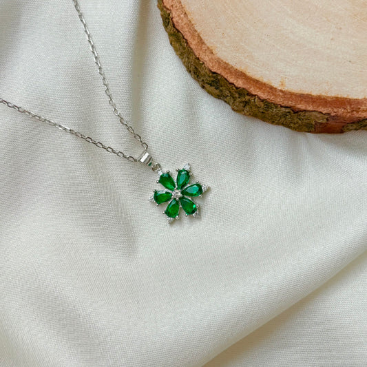 Emerald Bloom Flower Silver Pendant Necklace
