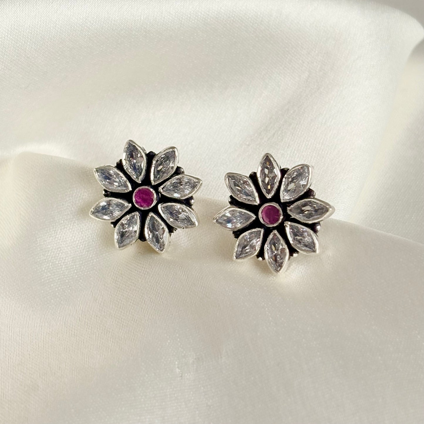 Floral Marquise Crystal Silver Stud Earrings