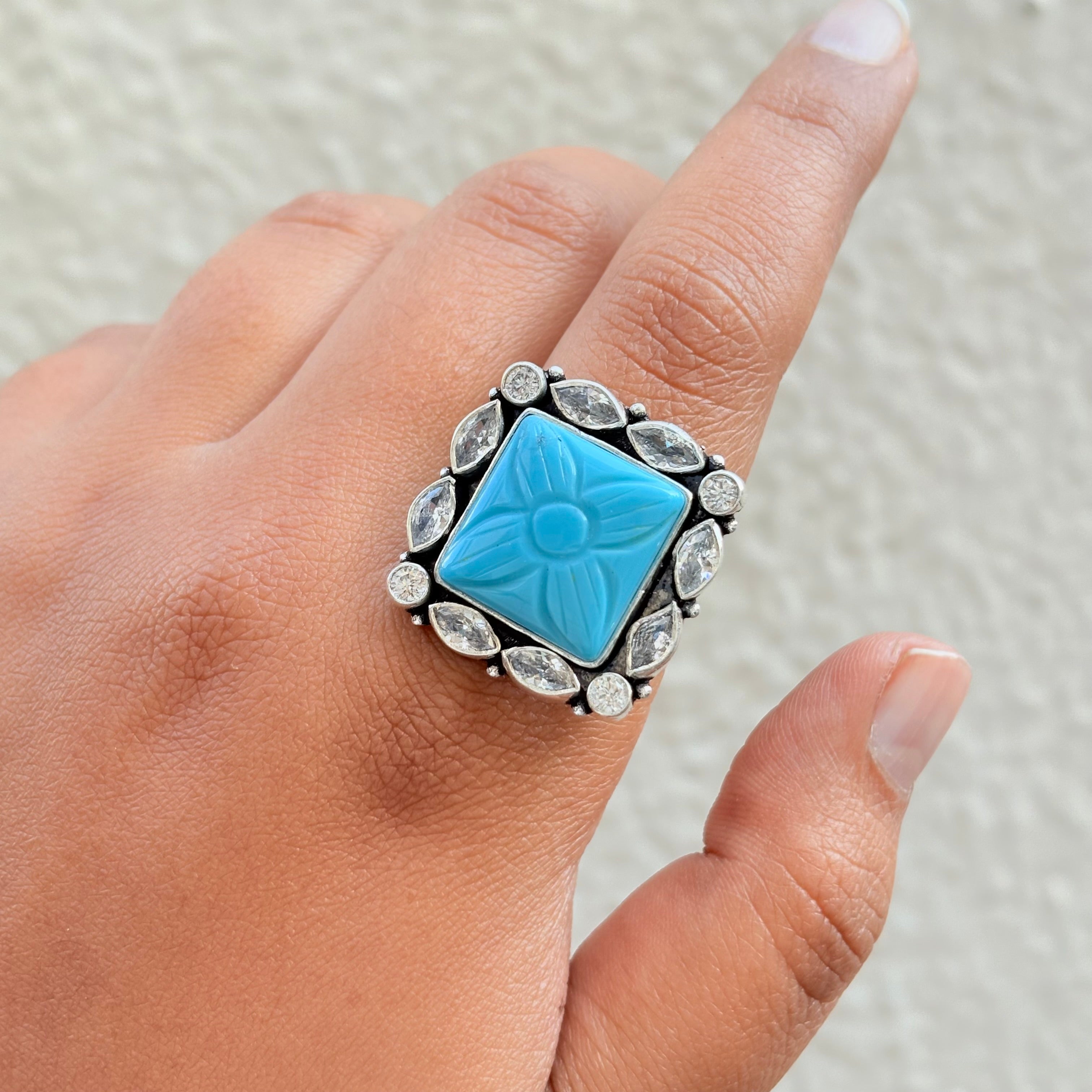 Square Turquoise Carved Stone Silver Ring
