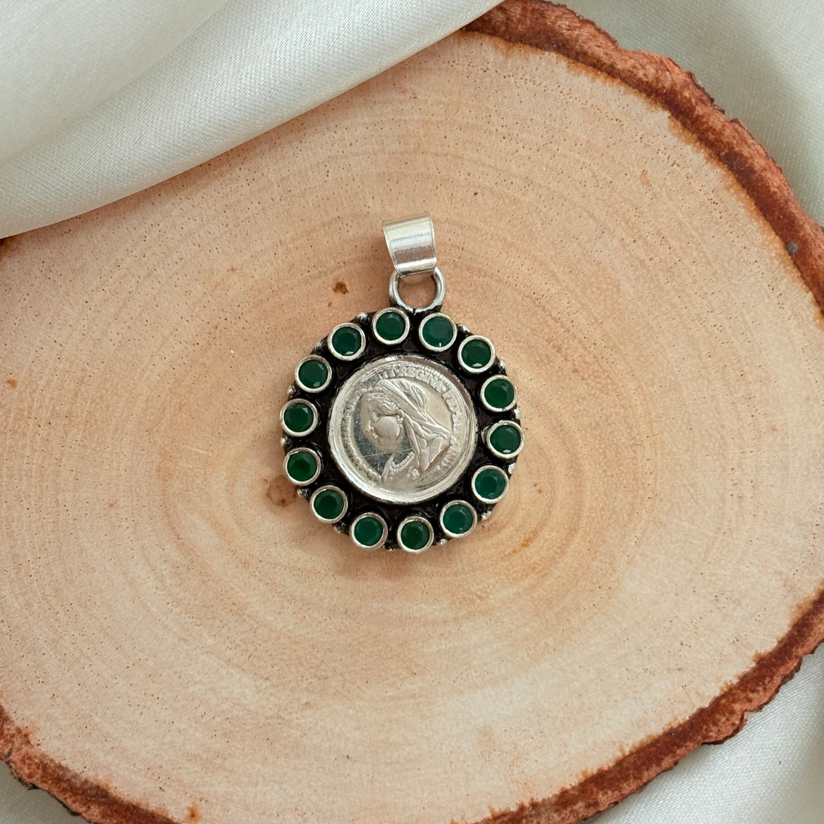 Emerald Silver Coin 925 Silver Pendant