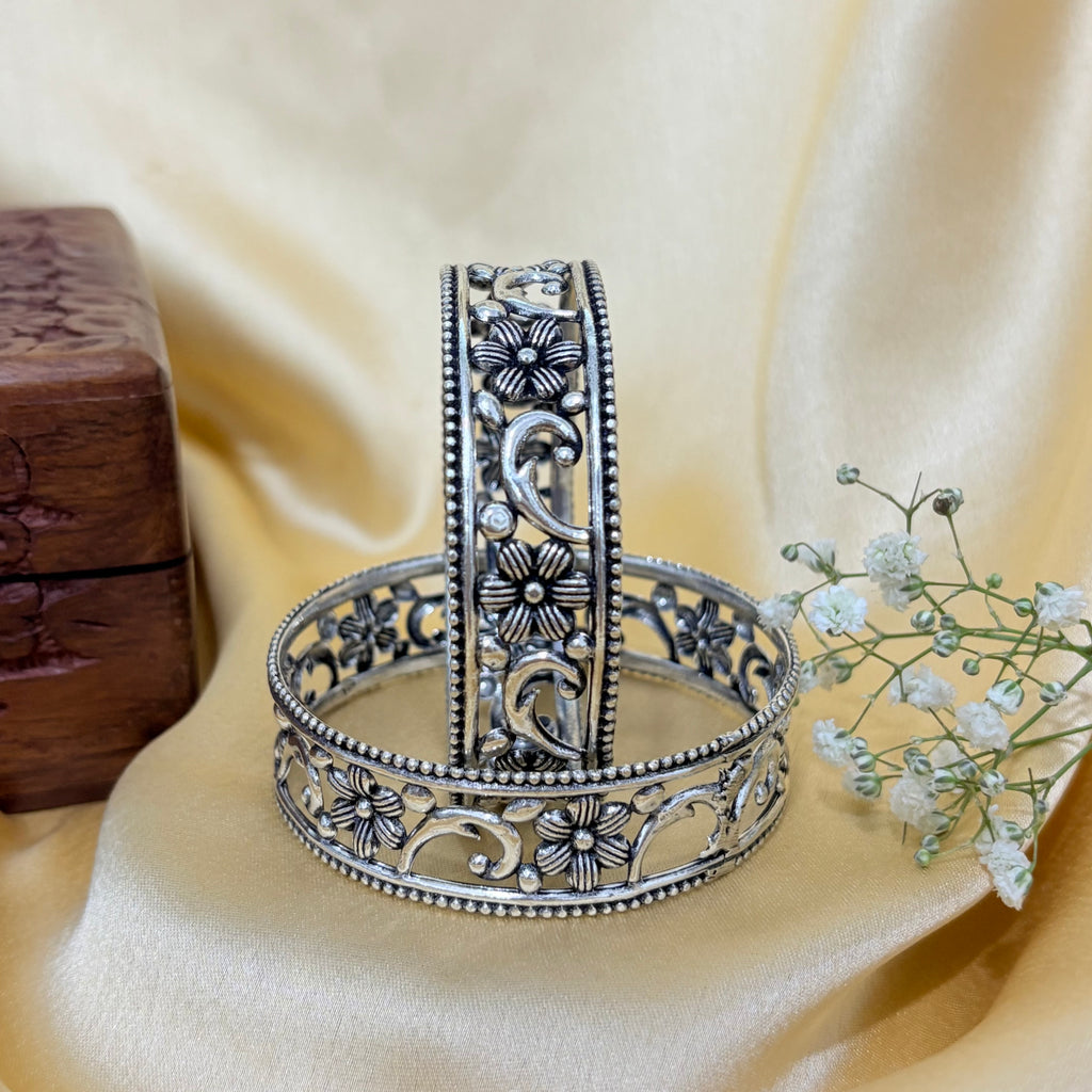 Lotus Grace Oxidized Silver Bangle