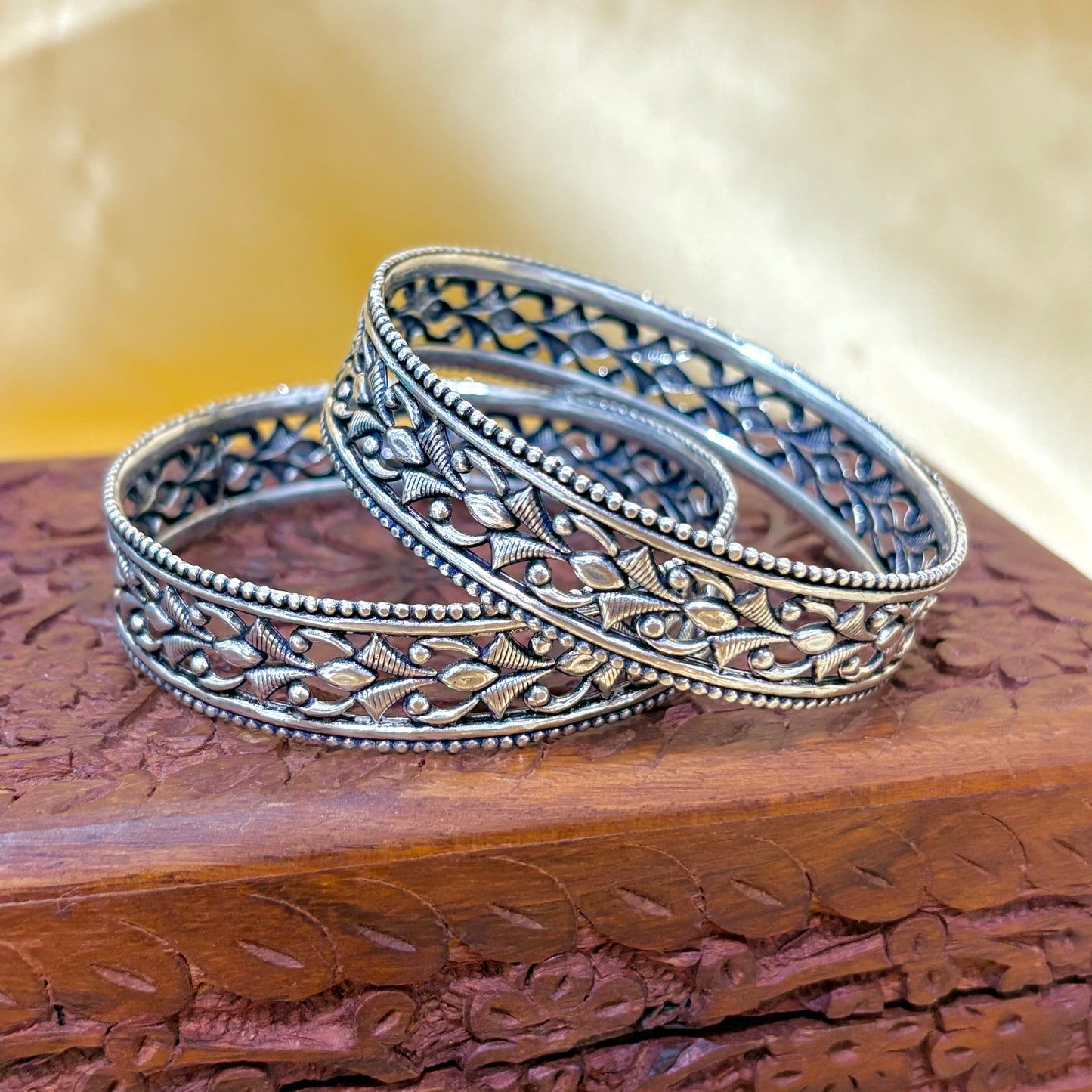 925 Silver Petals Oxidized Silver Bangle