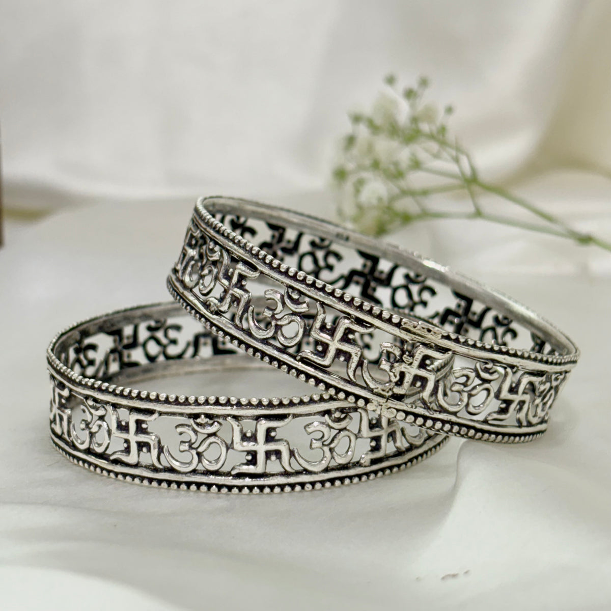 Shubh Swastik Divine Om Engraved Silver Bangle