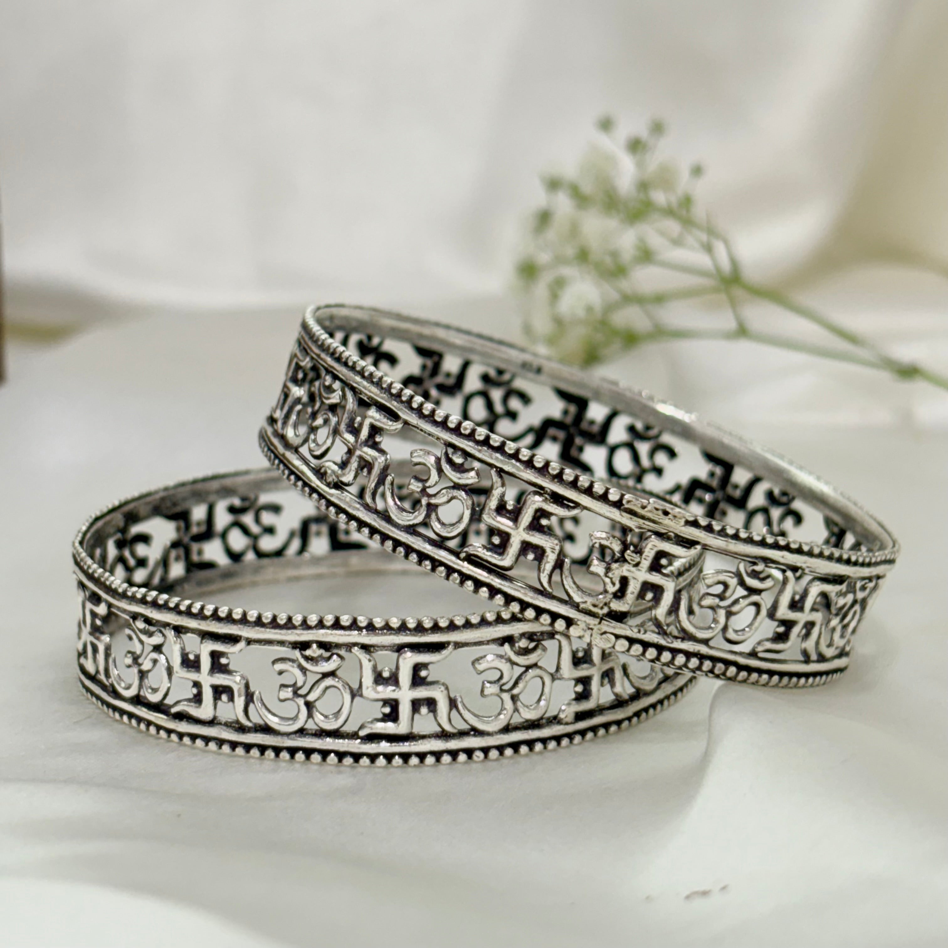 Shubh Swastik Divine Om Engraved Silver Bangle