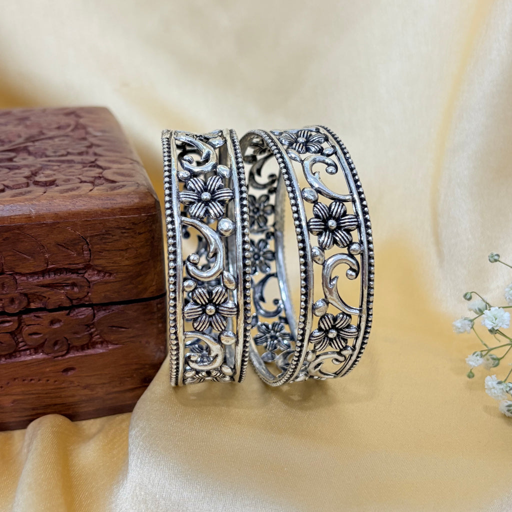Lotus Grace Oxidized Silver Bangle