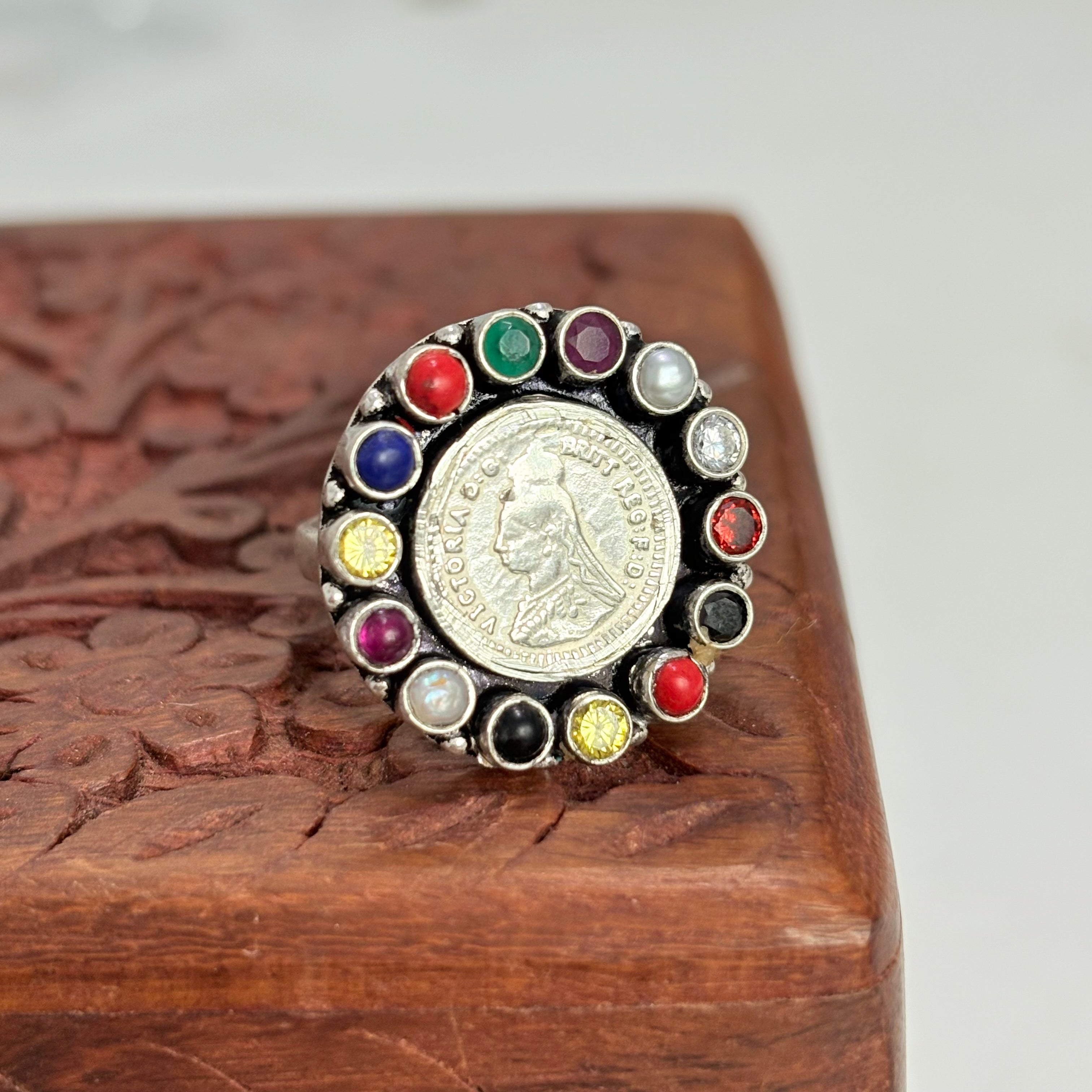 925 Silver Coin Navaratan Ring
