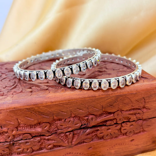 Cubic Zirconia Oval Shape Stone Silver Bangle