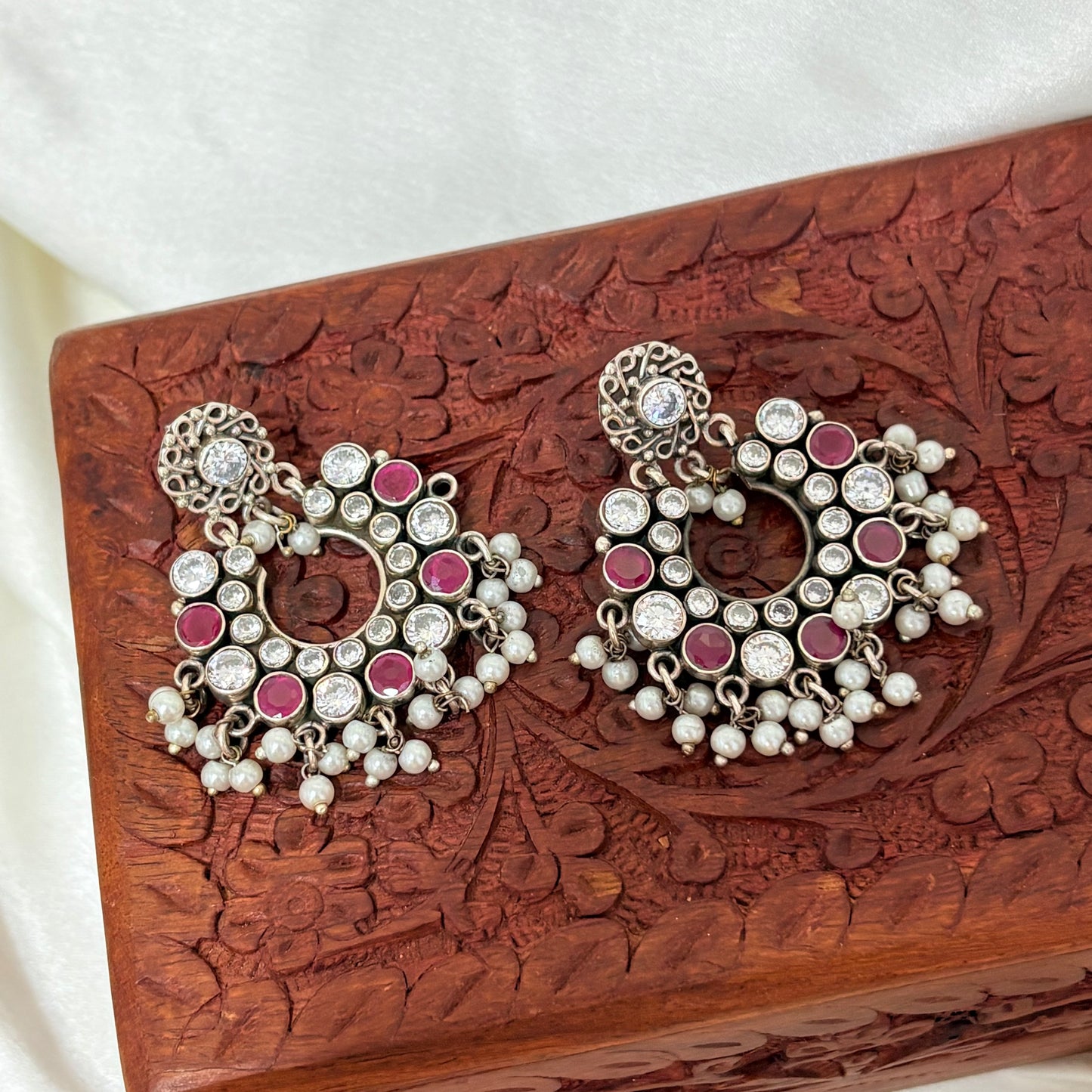 Luxury 925 Silver Ruby & Brilliant Zirconia Chandbalis