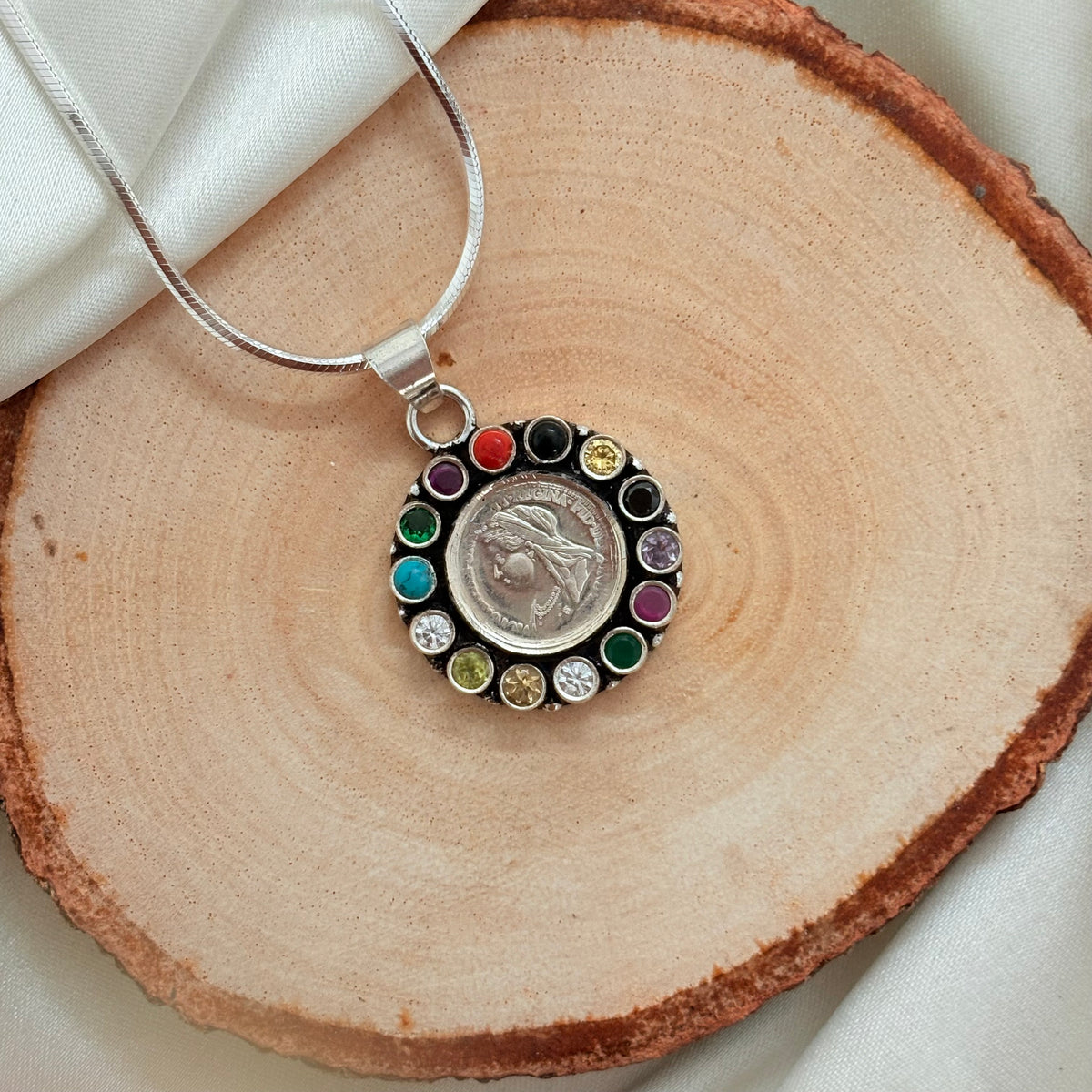 925 Silver Coin Navaratan Pendant