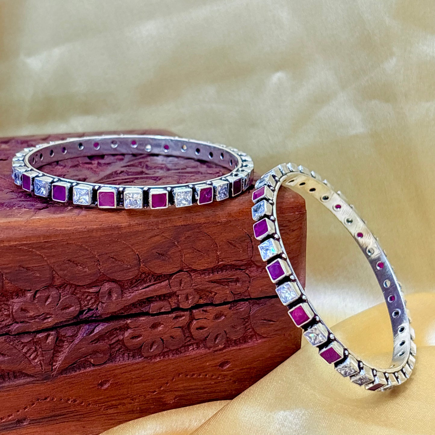 Ruby Square Shape Silver Bangle