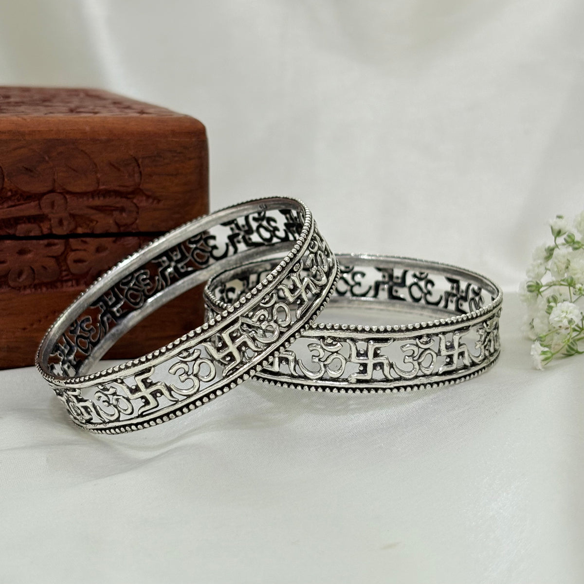Shubh Swastik Divine Om Engraved Silver Bangle