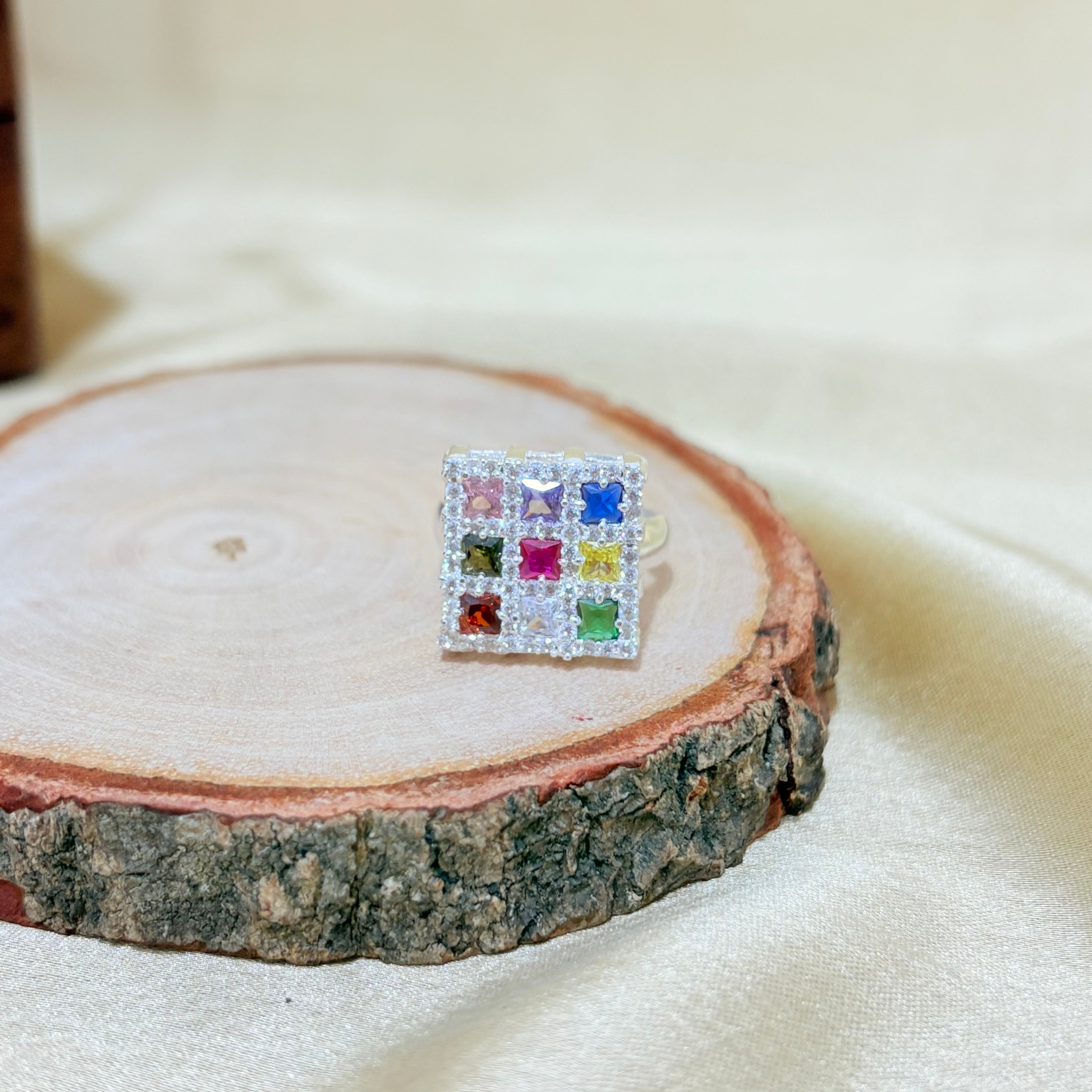 Pure 925 Navratan Minimilist Silver Ring Adjustable