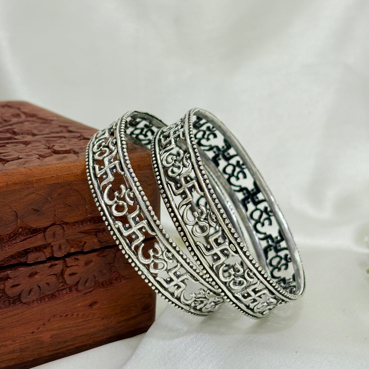 Shubh Swastik Divine Om Engraved Silver Bangle