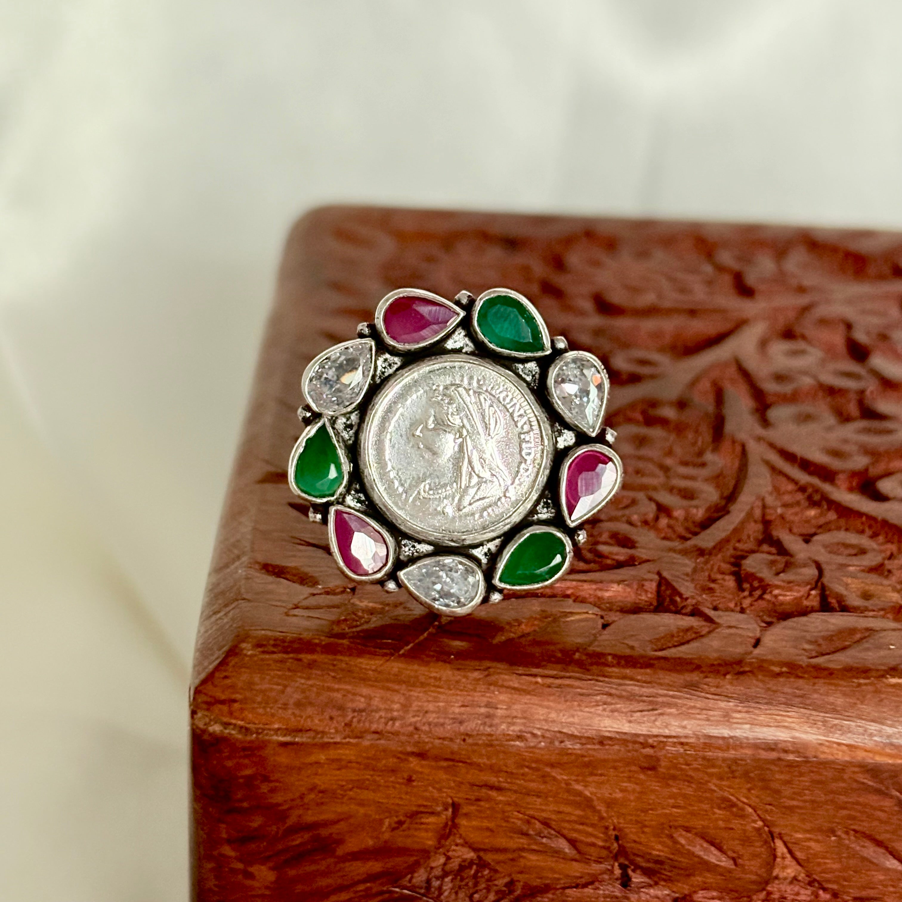Rang Mahal 925 Silver Coin Cocktail Ring