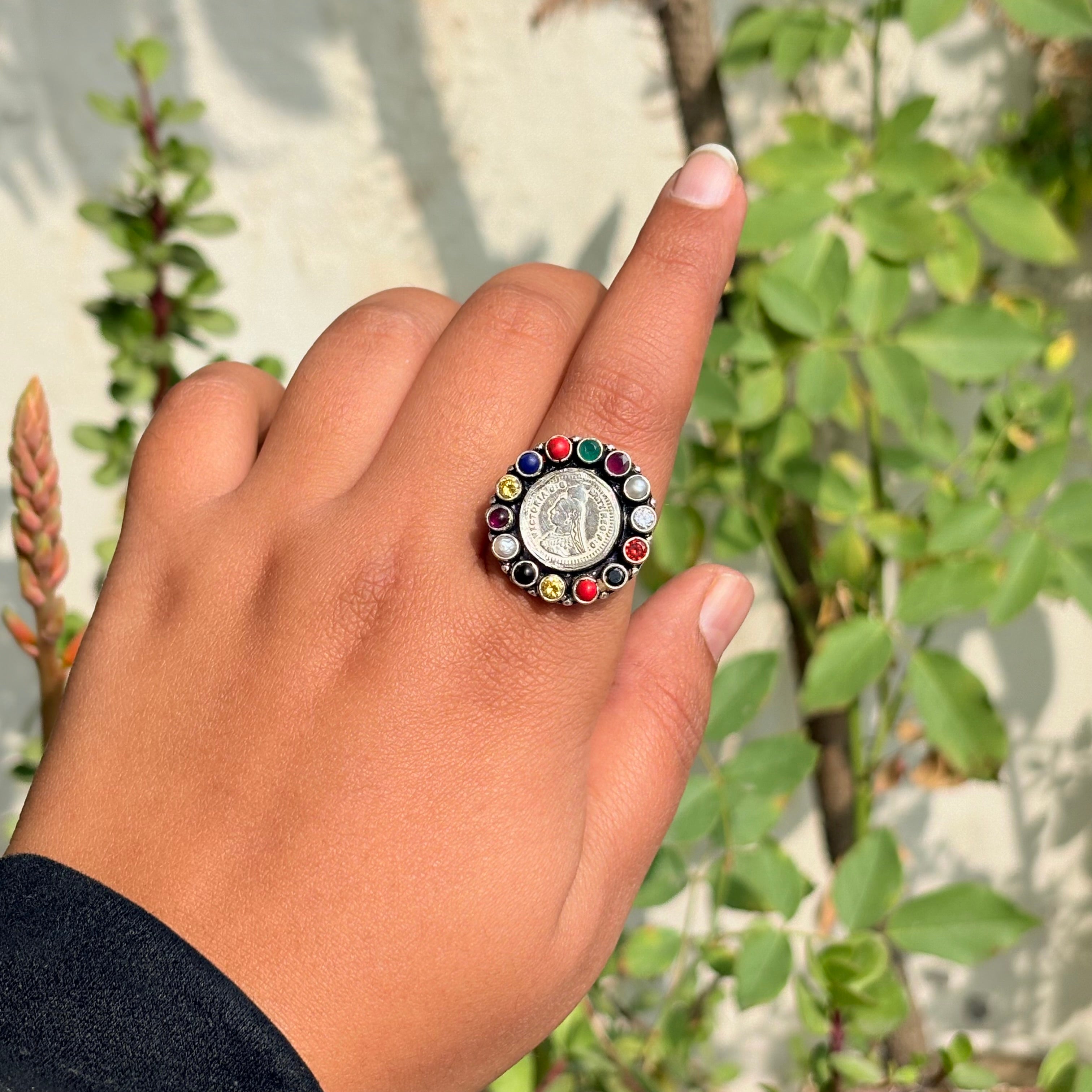 925 Silver Coin Navaratan Ring