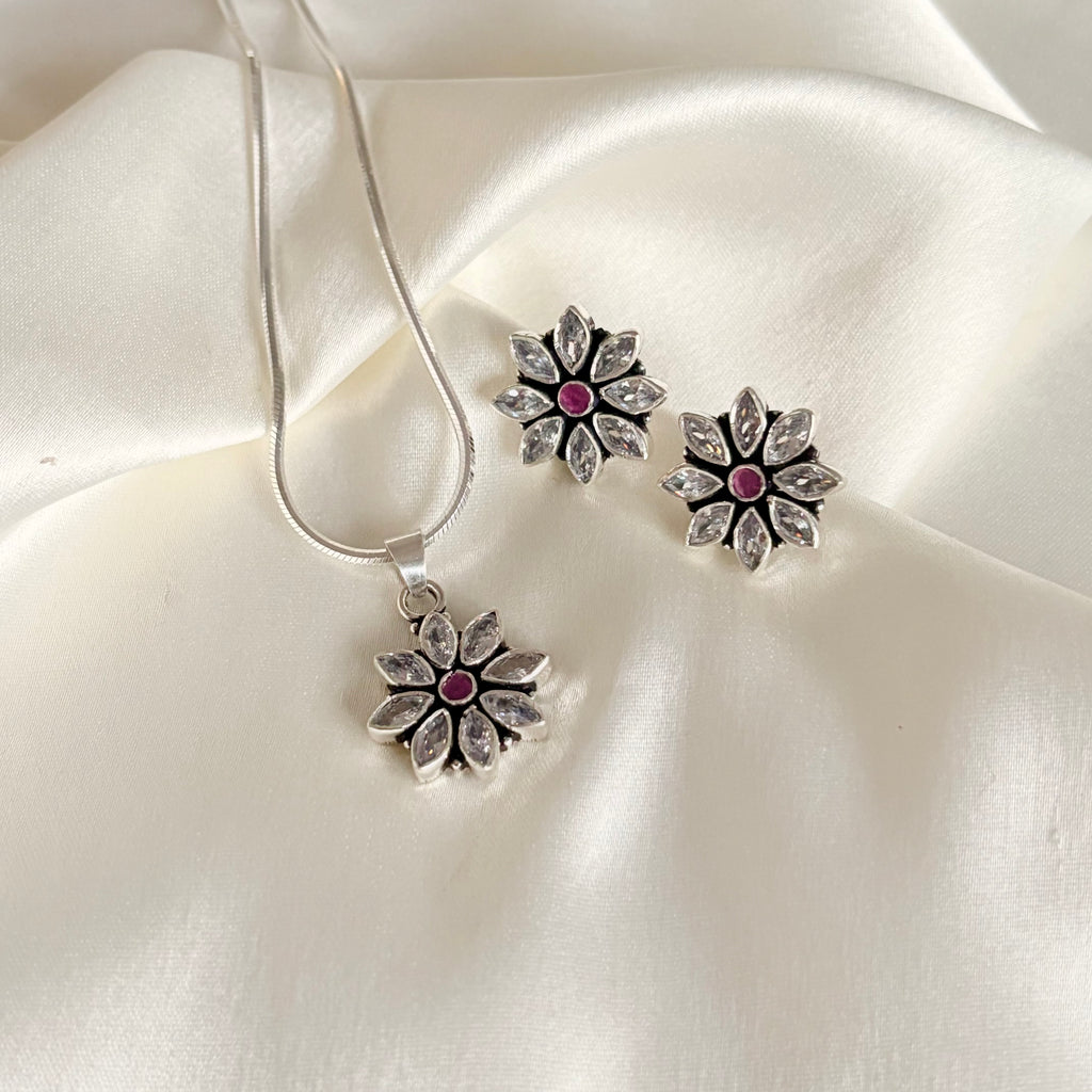 Handcrafted Oxidized Silver Ruby Floral Jewelry Set