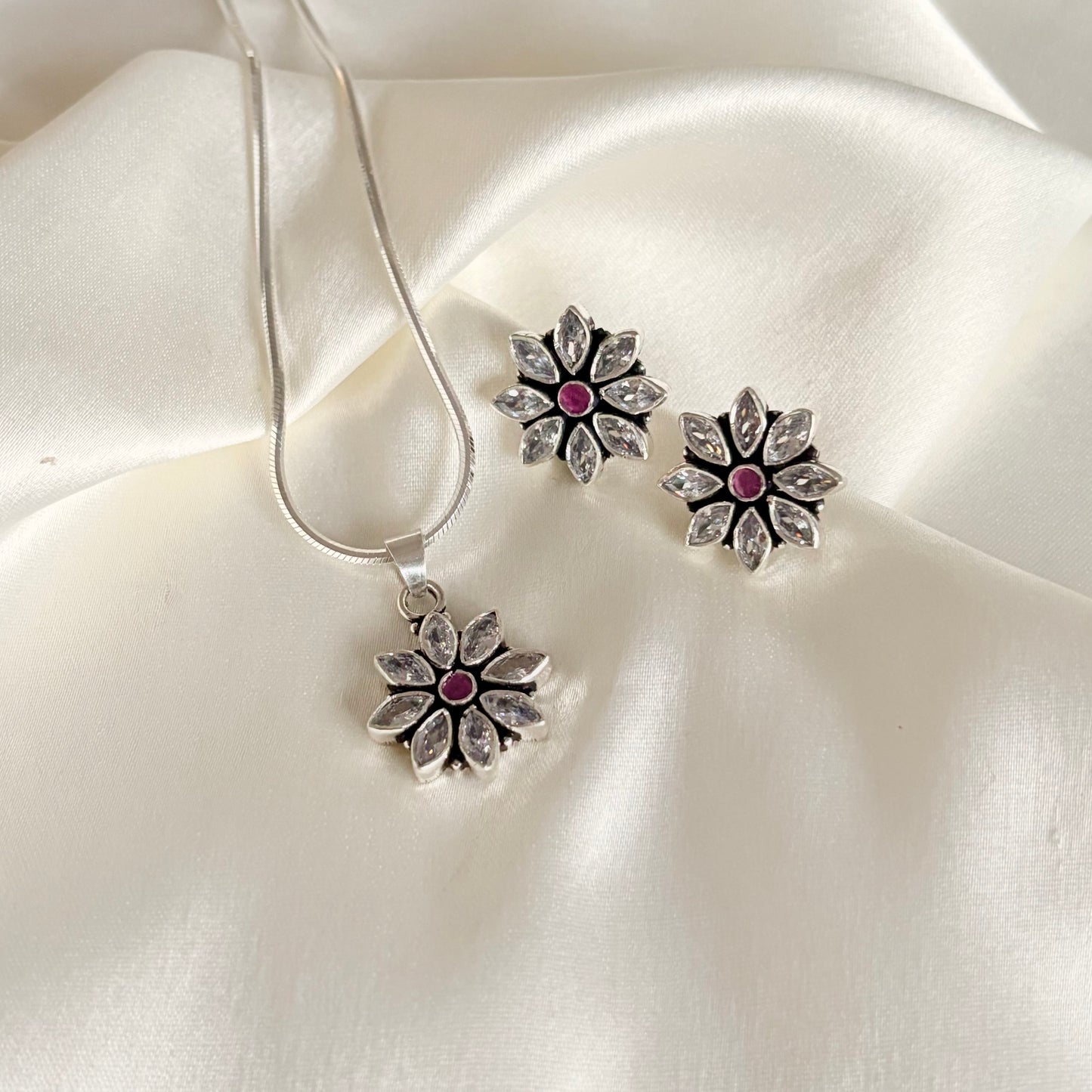 Handcrafted Oxidized Silver Ruby Floral Jewelry Set