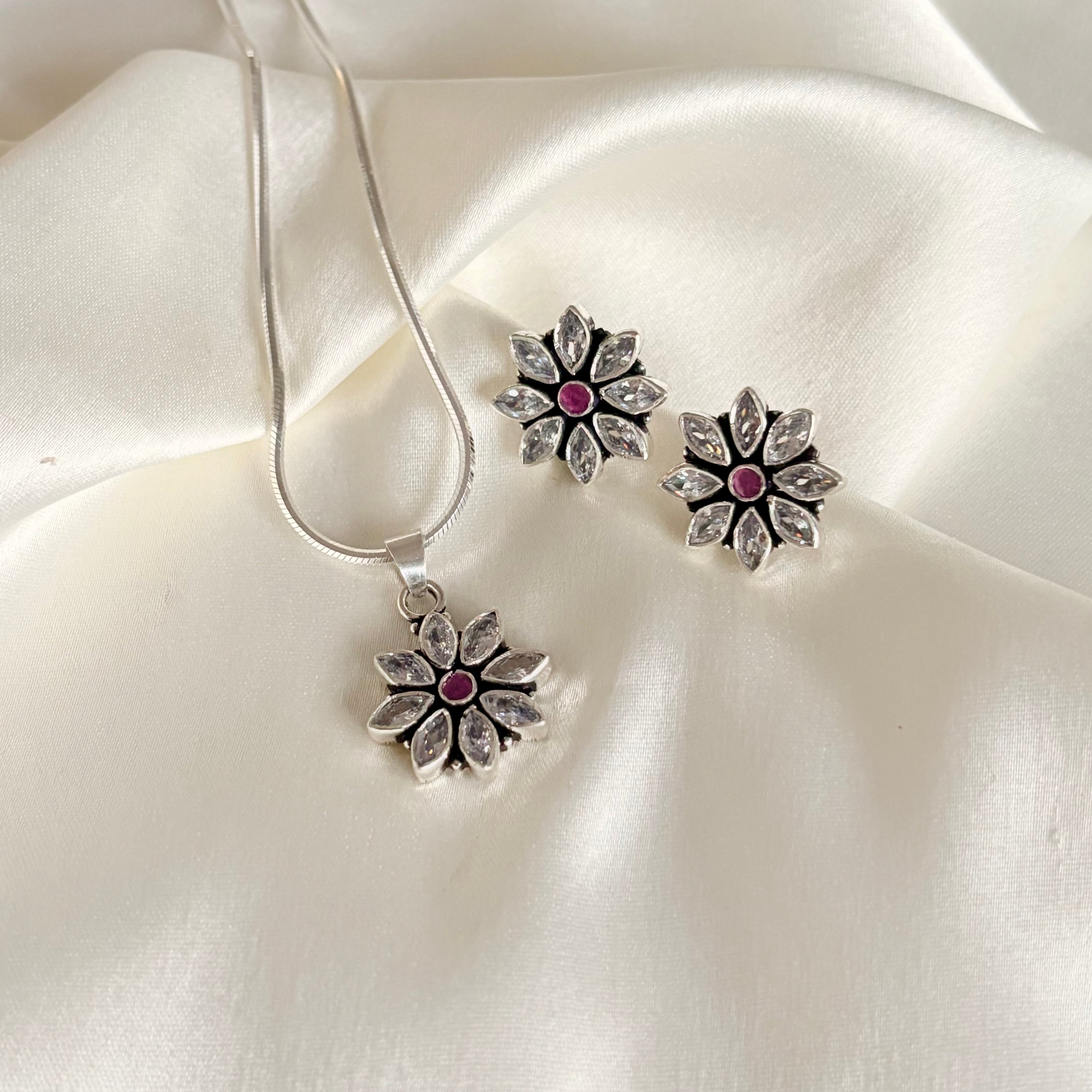 Handcrafted Oxidized Silver Ruby Floral Jewelry Set