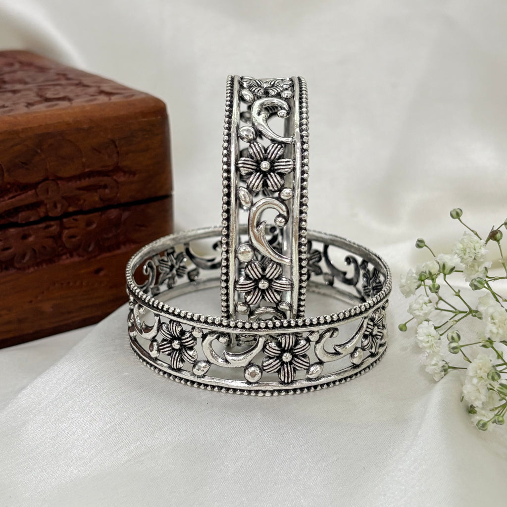 Lotus Grace Oxidized Silver Bangle