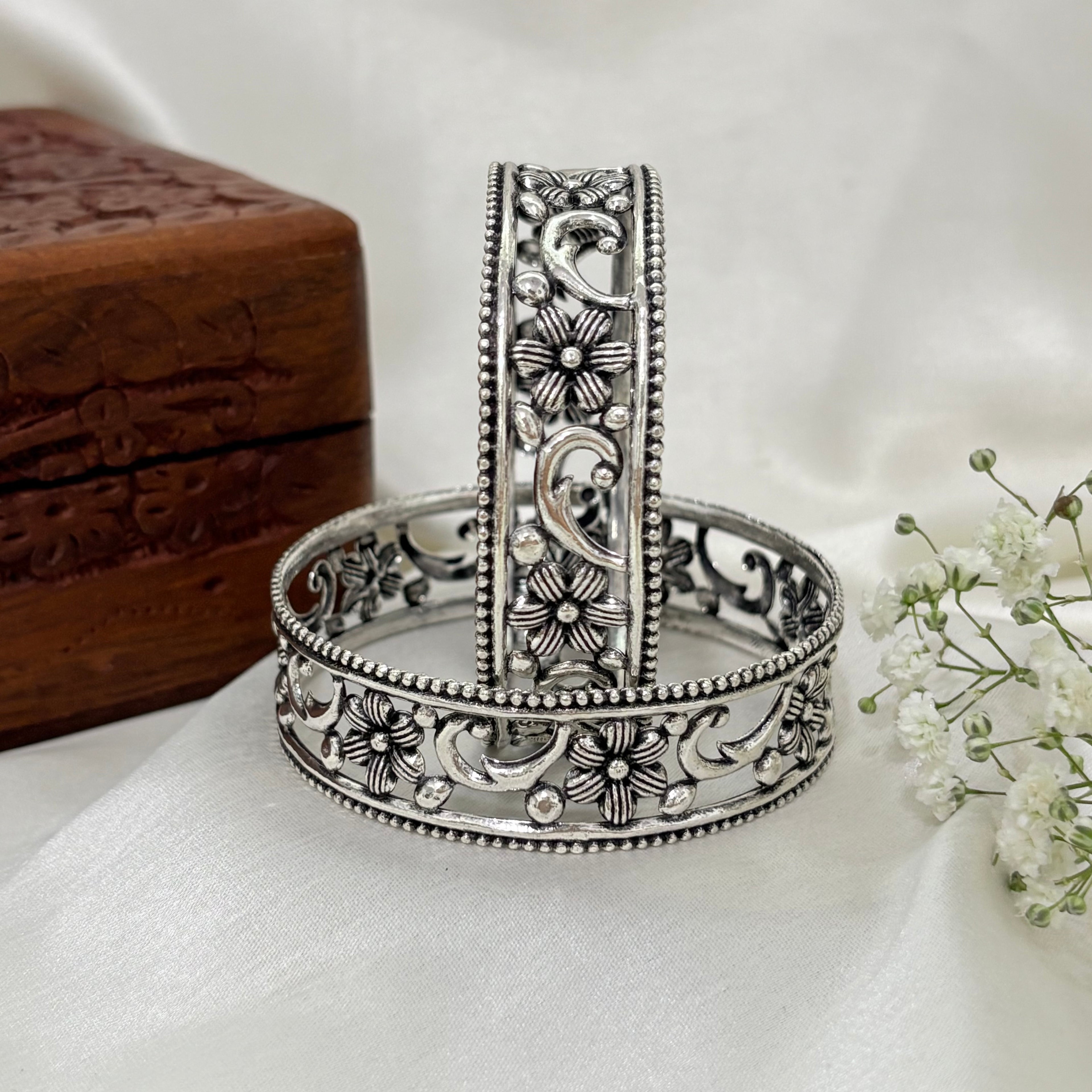 Lotus Grace Oxidized Silver Bangle
