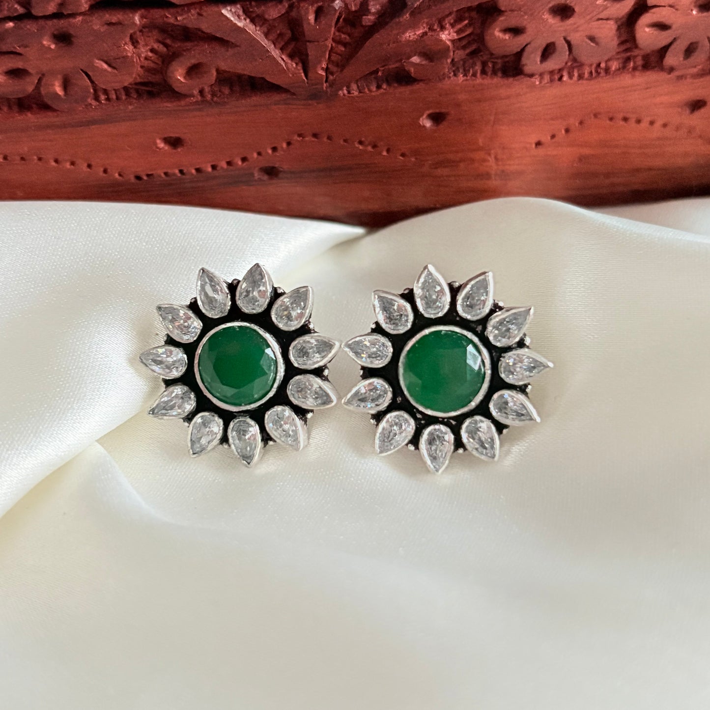 Emerald Glow Halo Silver Studs