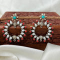 Tribal Silver Turquoise & Coral Pearl Chandbali Earrings