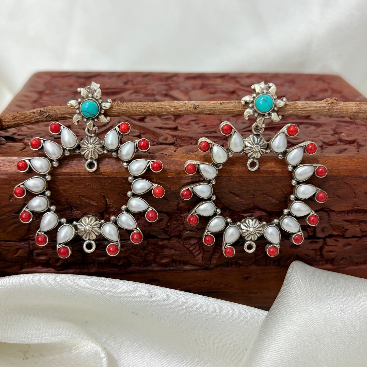 Tribal Silver Turquoise & Coral Pearl Chandbali Earrings