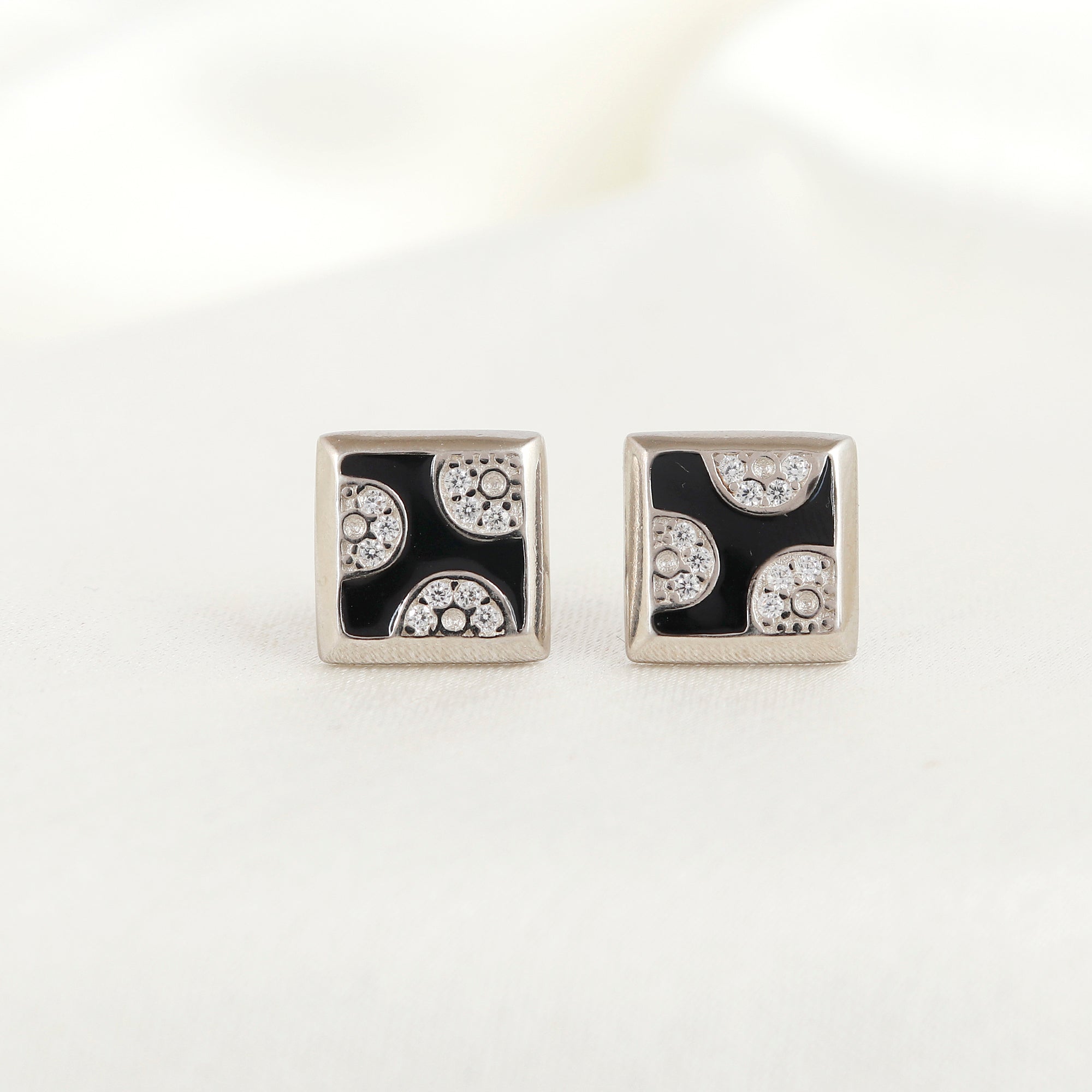 Black Crystal Bloom Silver Party Wear Studs