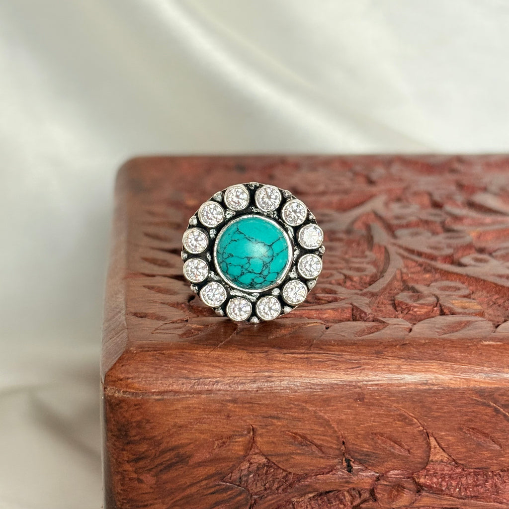 Turquoise Boho Floral Silver Adjustable Ring